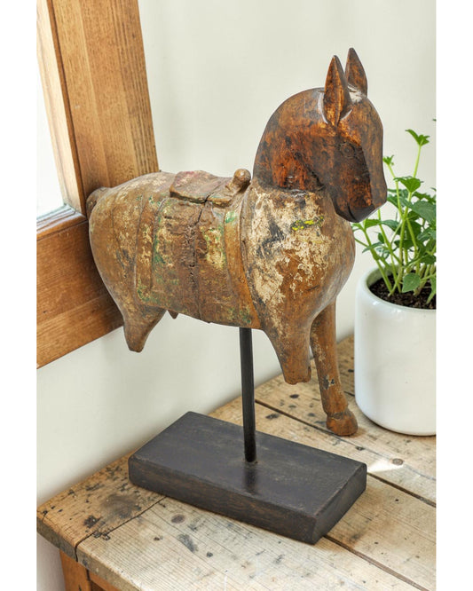 Vintage Wooden Horse Figurine on Stand Original Old Hand Carved Painted