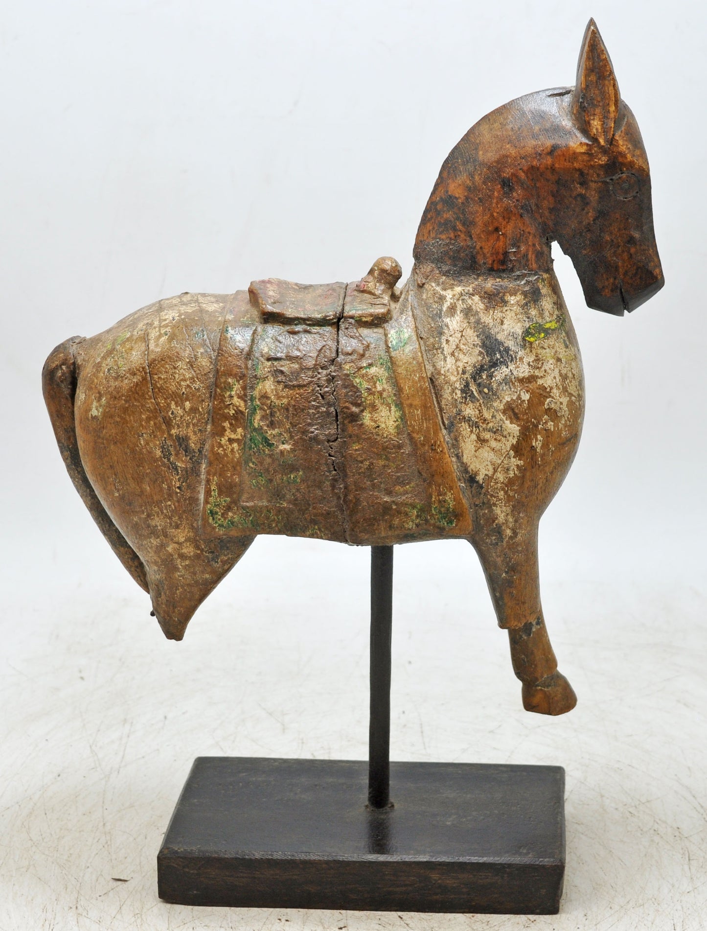 Vintage Wooden Horse Figurine on Stand Original Old Hand Carved Painted