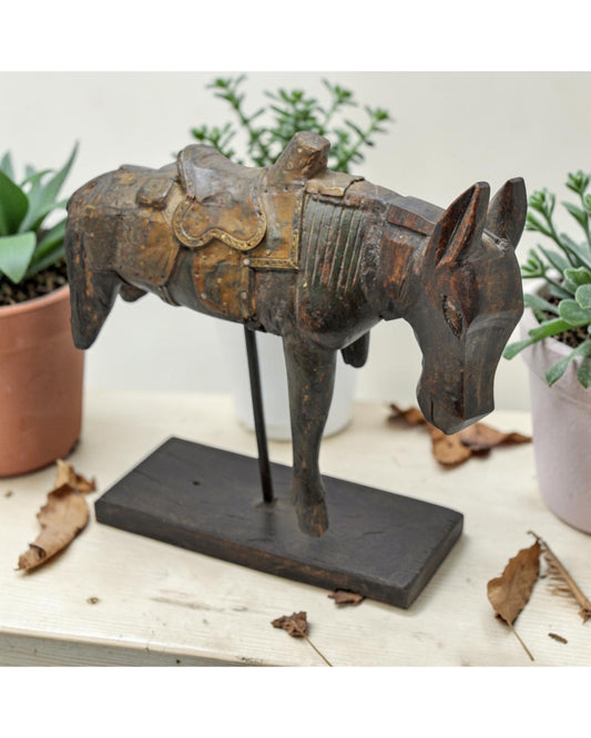 Vintage Wooden Horse Figurine on Stand Original Old Hand Carved Brass Fitted