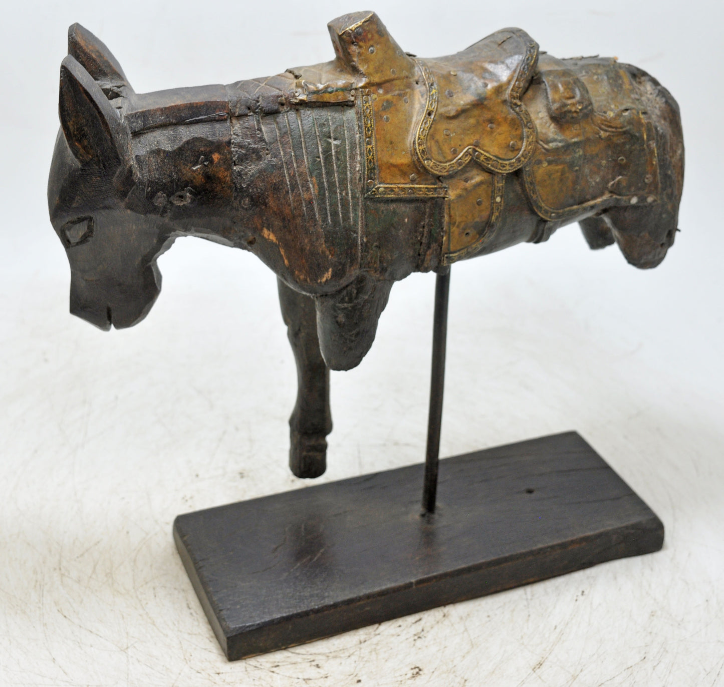 Vintage Wooden Horse Figurine on Stand Original Old Hand Carved Brass Fitted