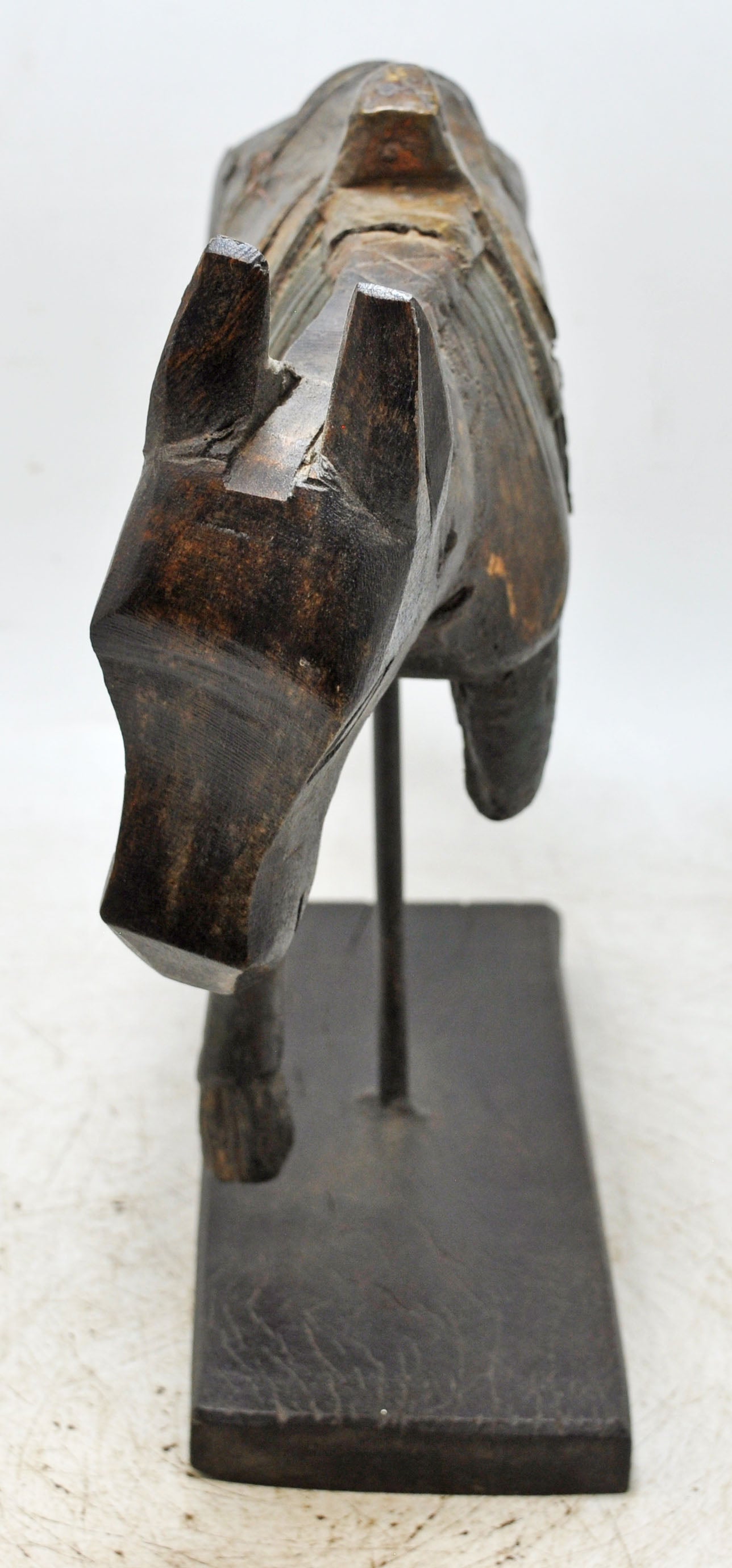 Vintage Wooden Horse Figurine on Stand Original Old Hand Carved Brass Fitted