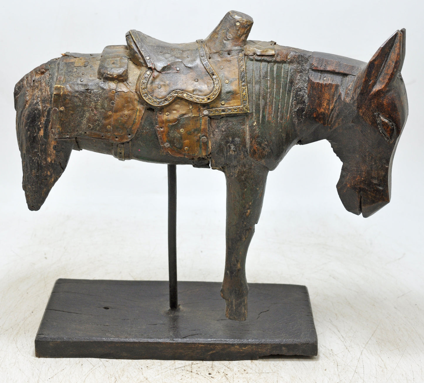 Vintage Wooden Horse Figurine on Stand Original Old Hand Carved Brass Fitted