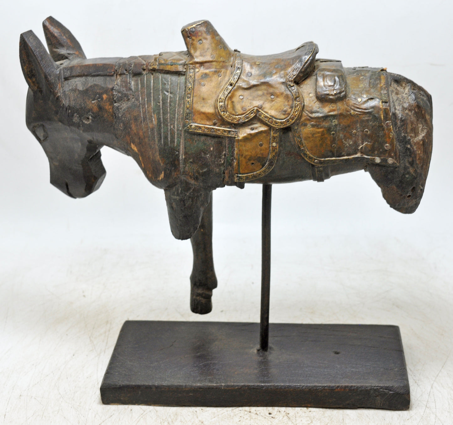 Vintage Wooden Horse Figurine on Stand Original Old Hand Carved Brass Fitted