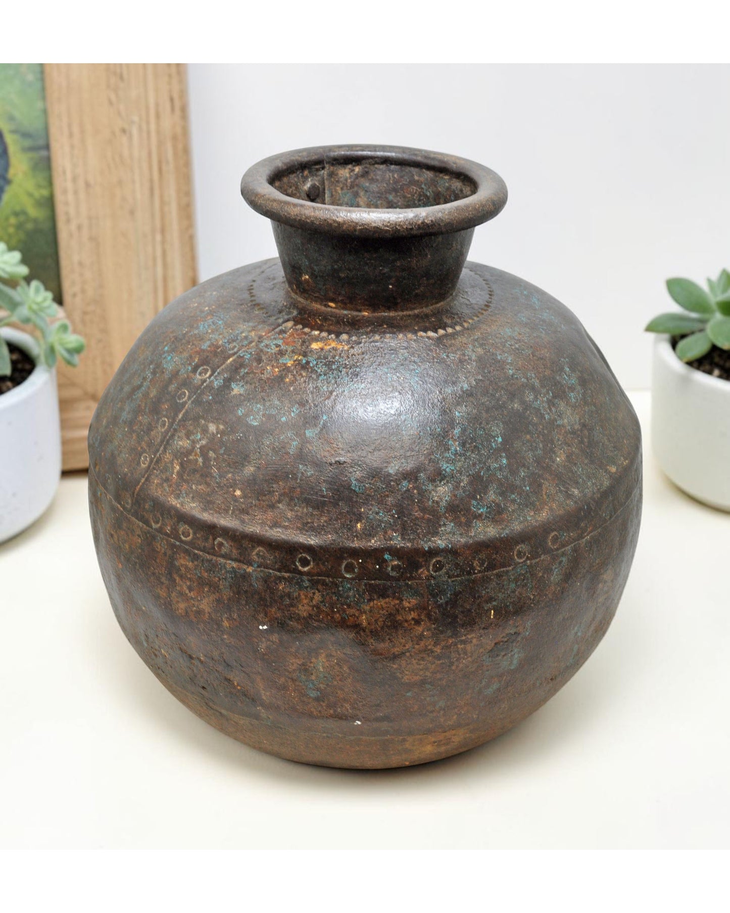 Antique Iron Round Kitchenware Large Water Storage Matka Pot Original Old Hand Engraved