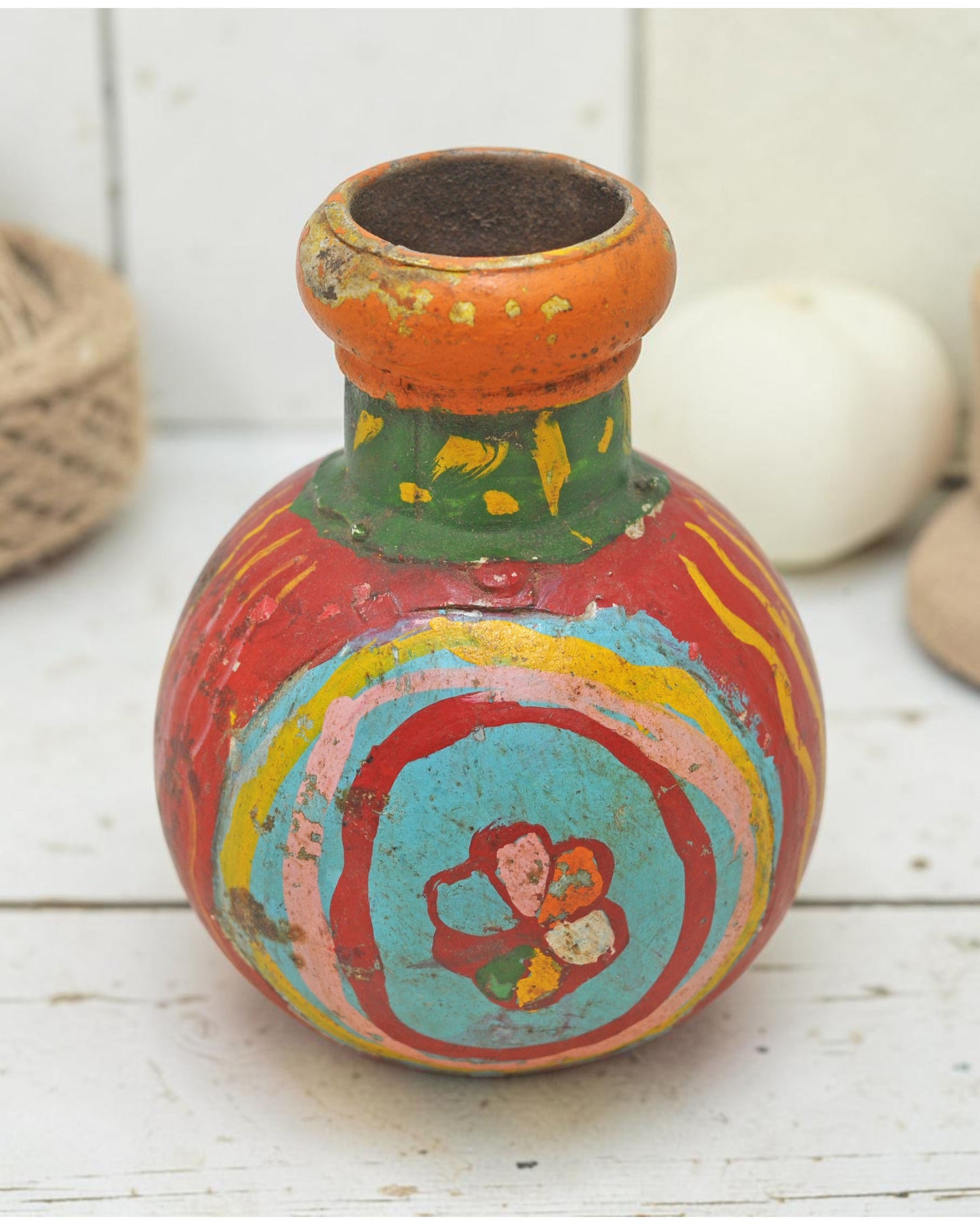 Vintage Iron Small Round Oil Pot Original Old Hand Crafted Painted