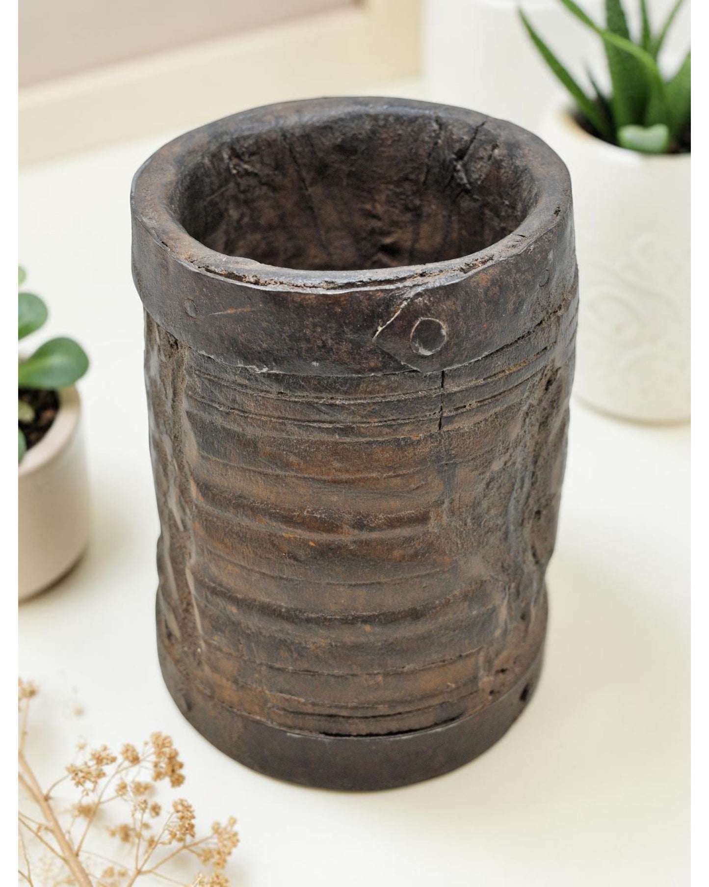 Antique Wooden Round Grain Measurement Paili Pot Original Old Hand Carved