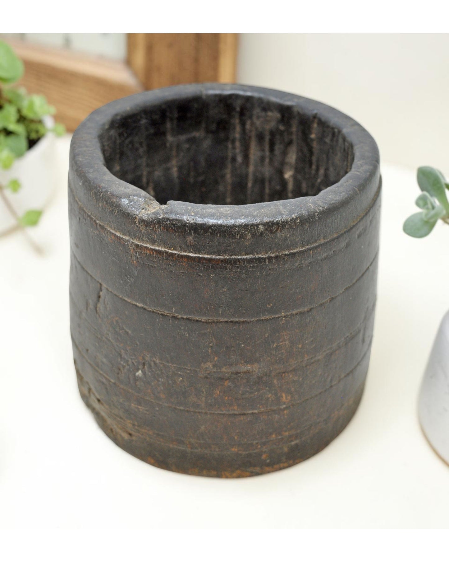 Antique Wooden Round Grain Measurement Paili Pot Original Old Hand Carved