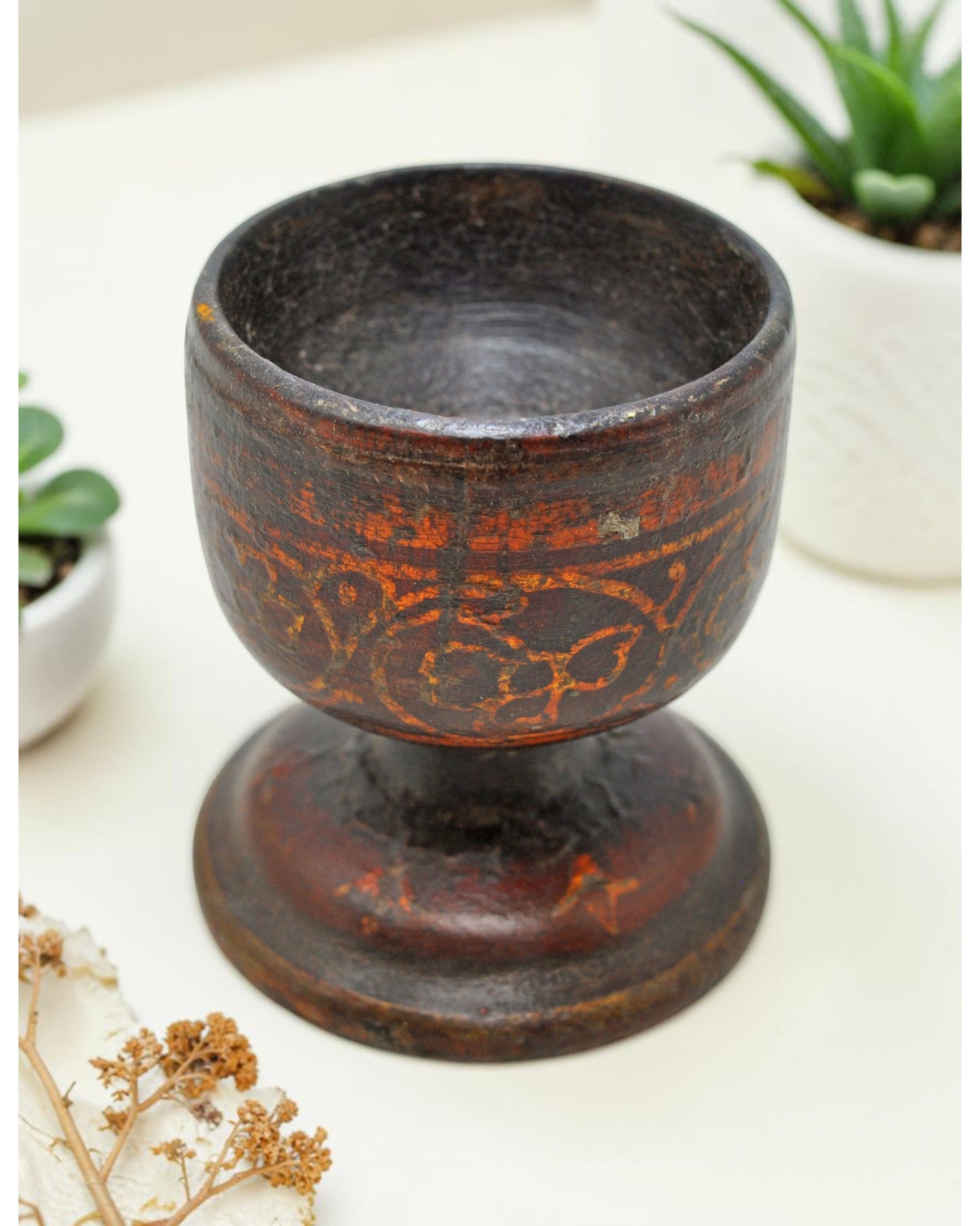 Antique Wooden Small Round Cup Original Old Hand Carved Painted