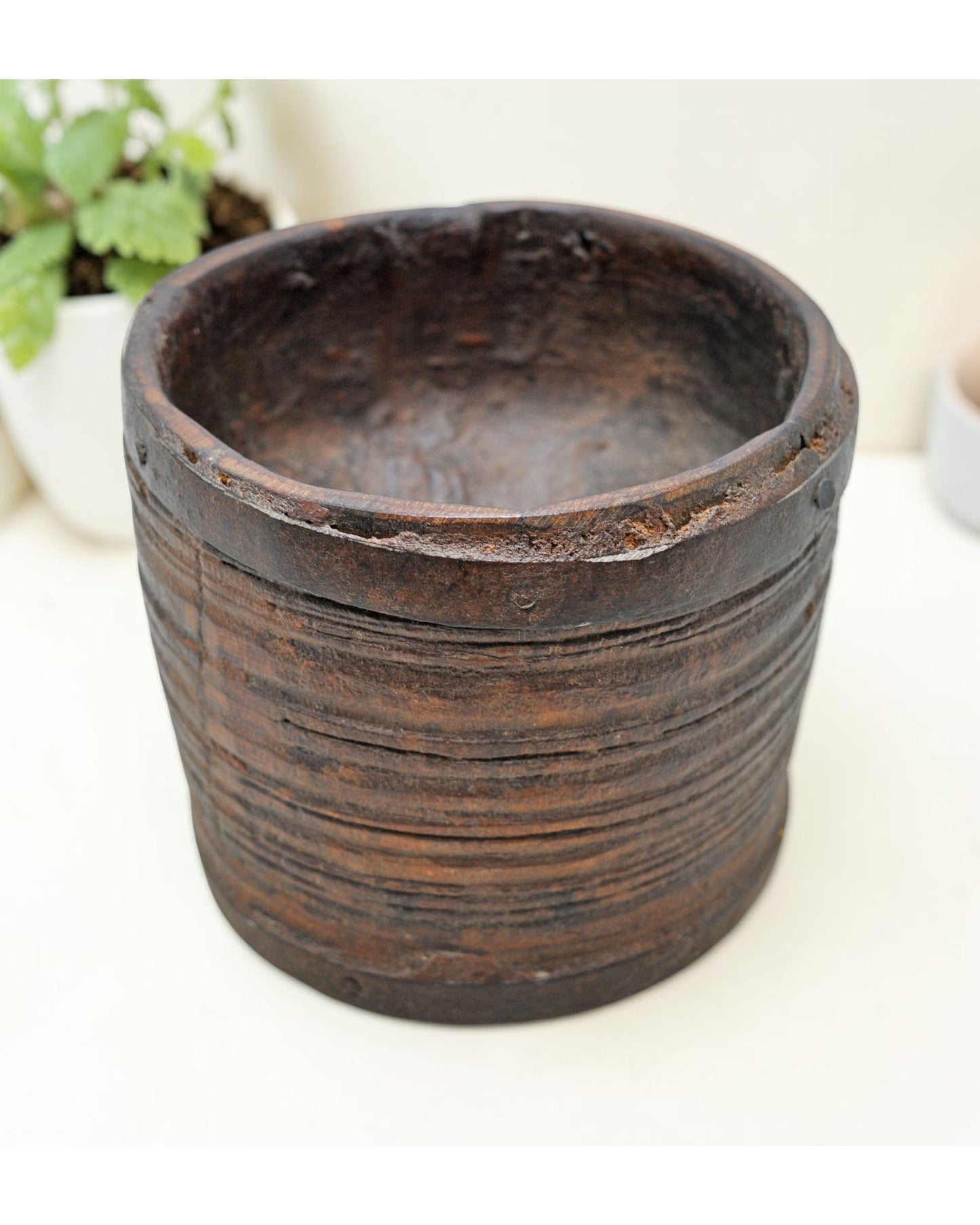 Antique Wooden Round Grain Measurement Paili Pot Original Old Hand Carved