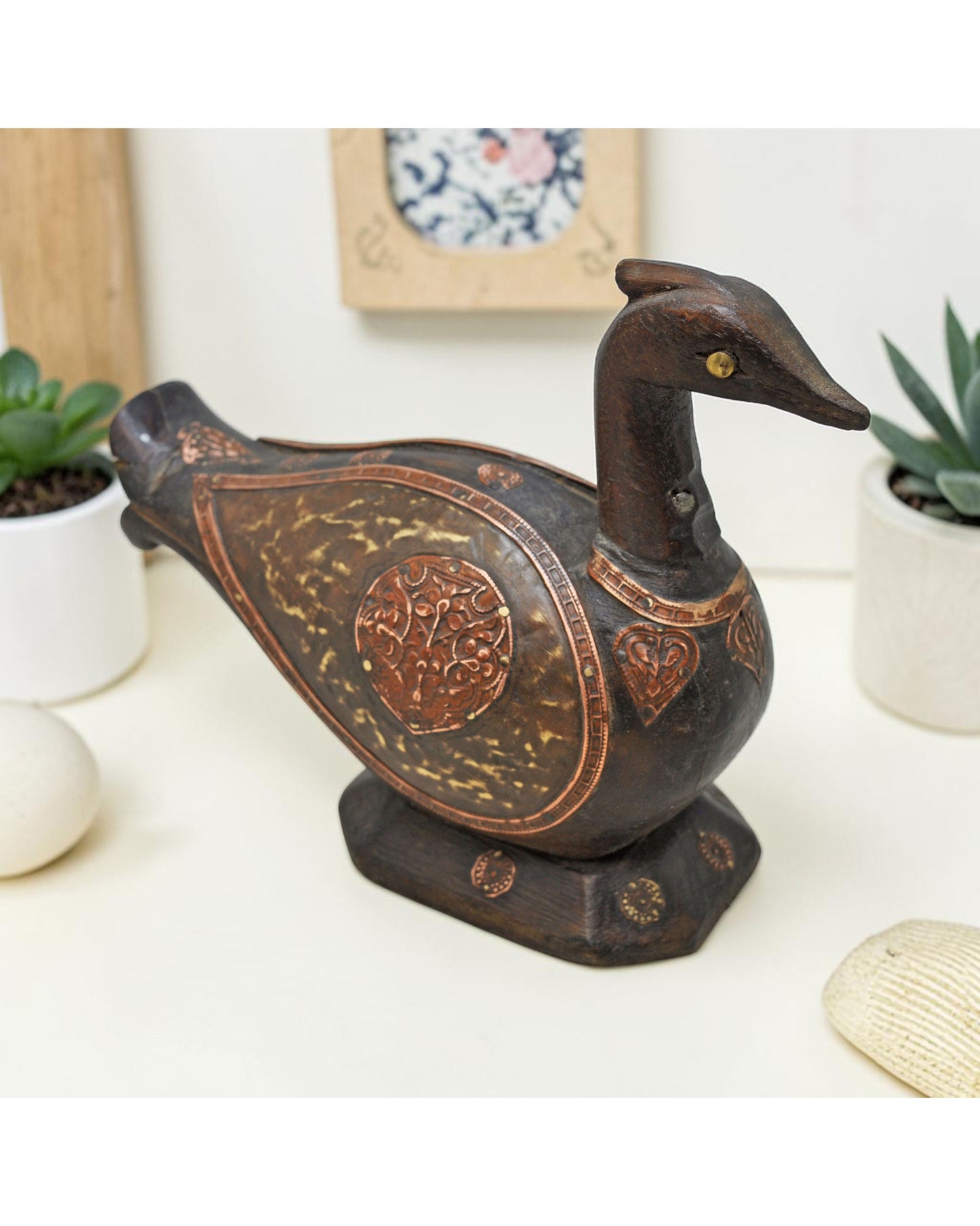 Vintage Wooden Duck Bird Figurine Original Old Hand Carved Fine Brass Fitted