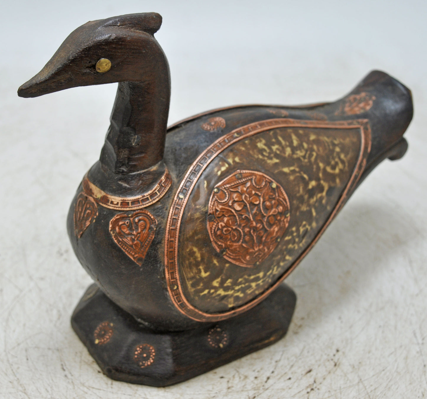 Vintage Wooden Duck Bird Figurine Original Old Hand Carved Fine Brass Fitted