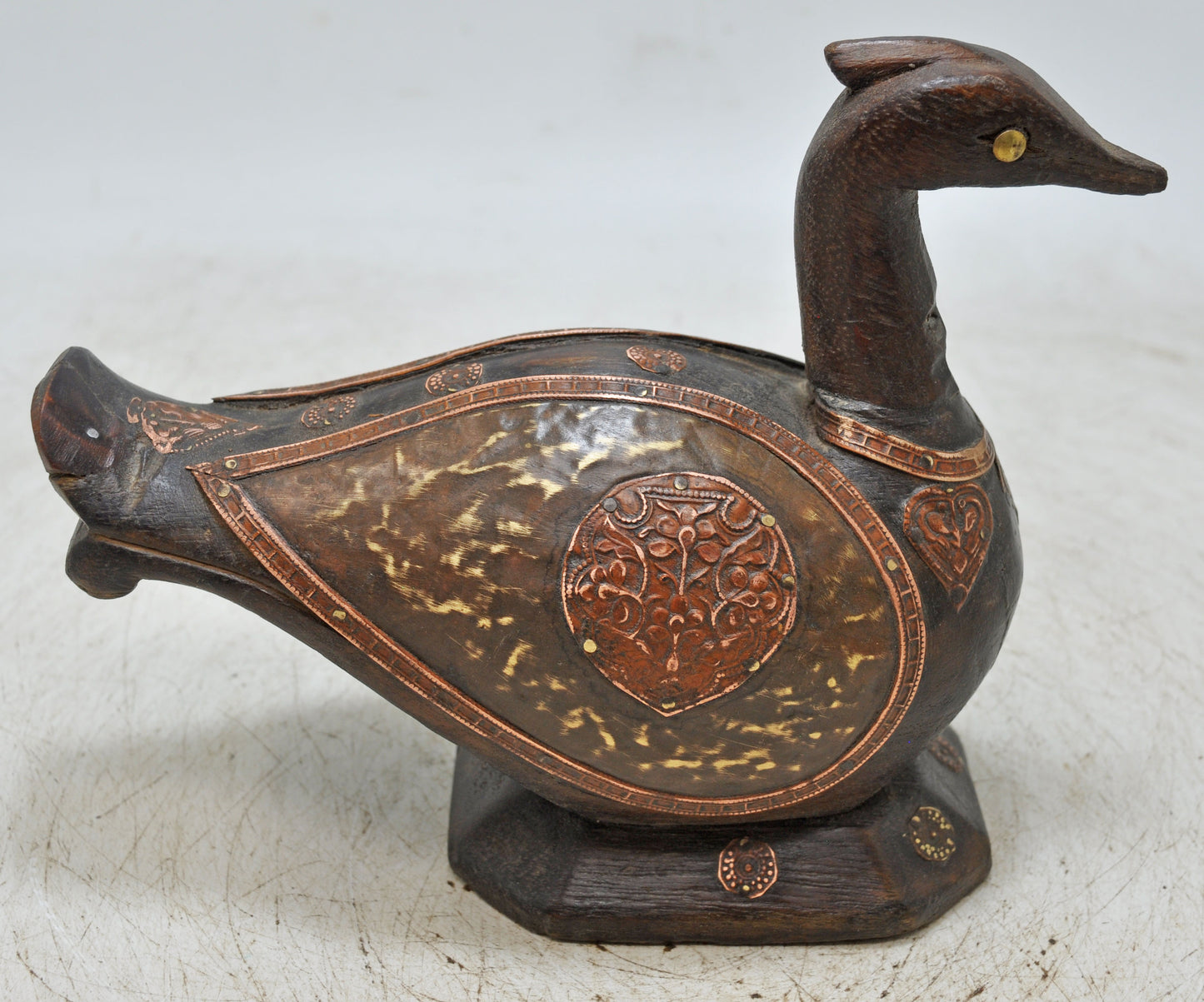 Vintage Wooden Duck Bird Figurine Original Old Hand Carved Fine Brass Fitted