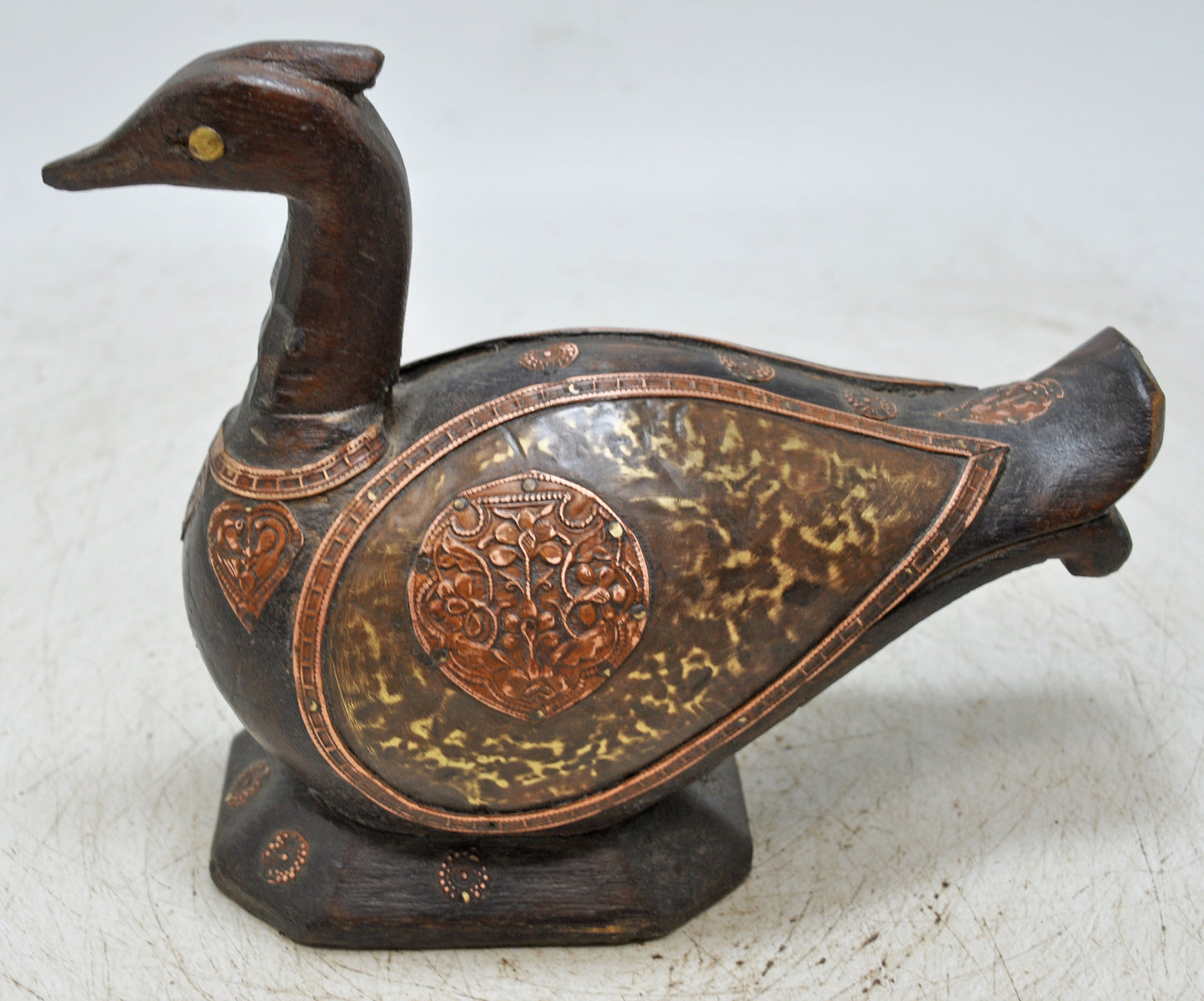 Vintage Wooden Duck Bird Figurine Original Old Hand Carved Fine Brass Fitted