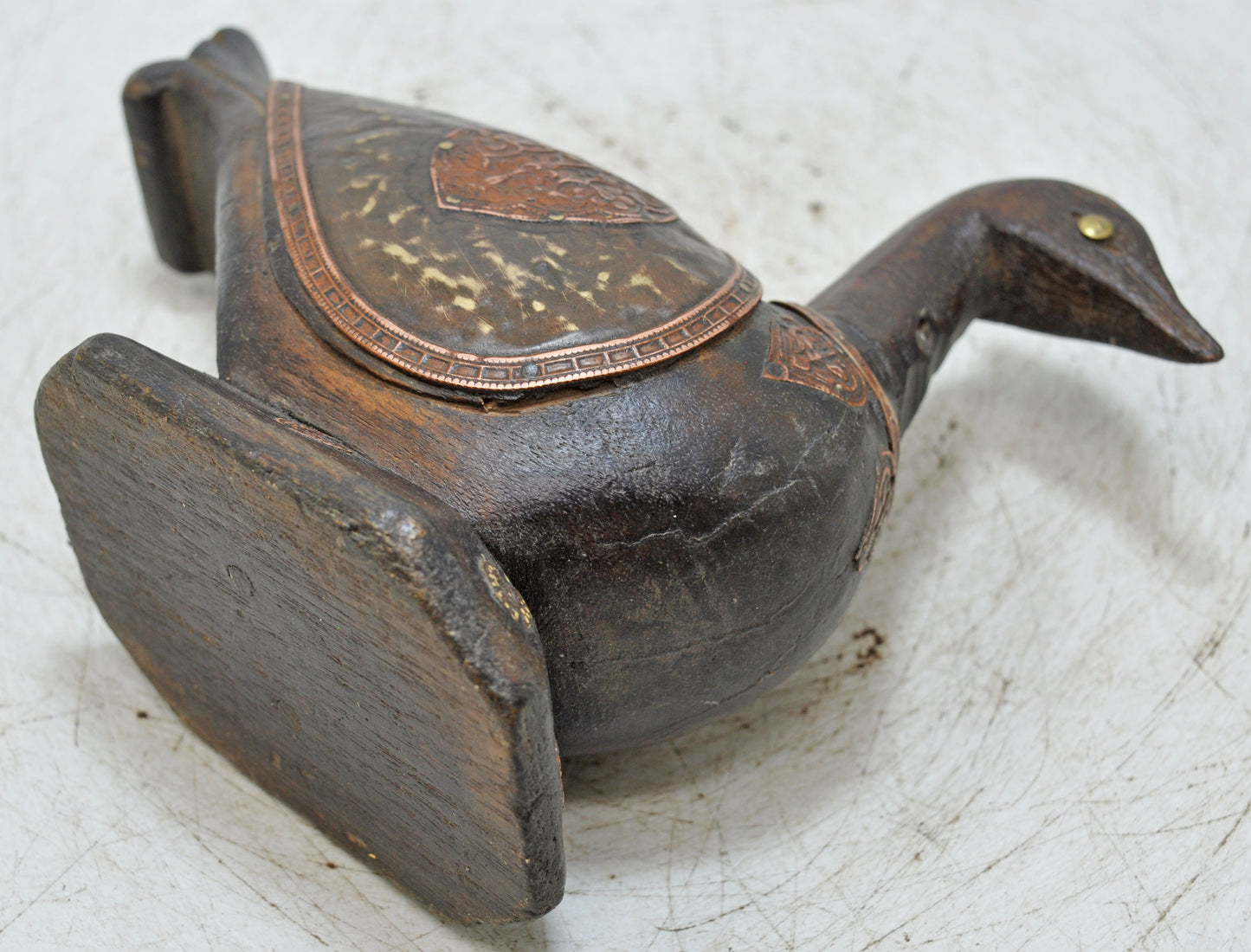 Vintage Wooden Duck Bird Figurine Original Old Hand Carved Fine Brass Fitted