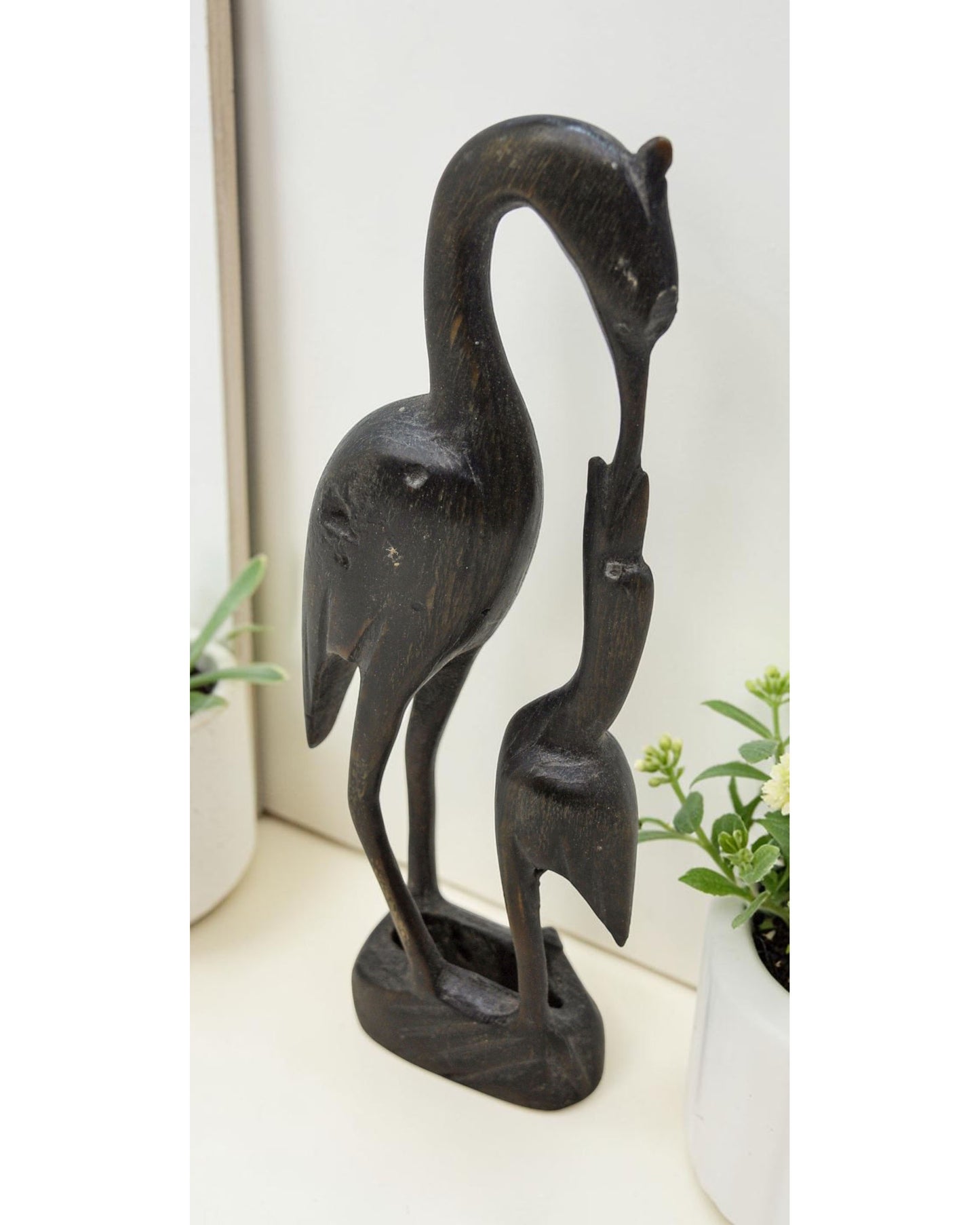 Antique Wooden 2 Cranes Bird Figurine Original Old Fine Hand Carved