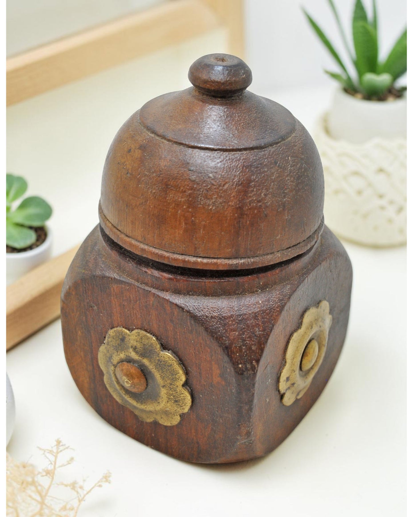 Vintage Wooden Kum Kum Powder Tika Box Original Old Hand Carved