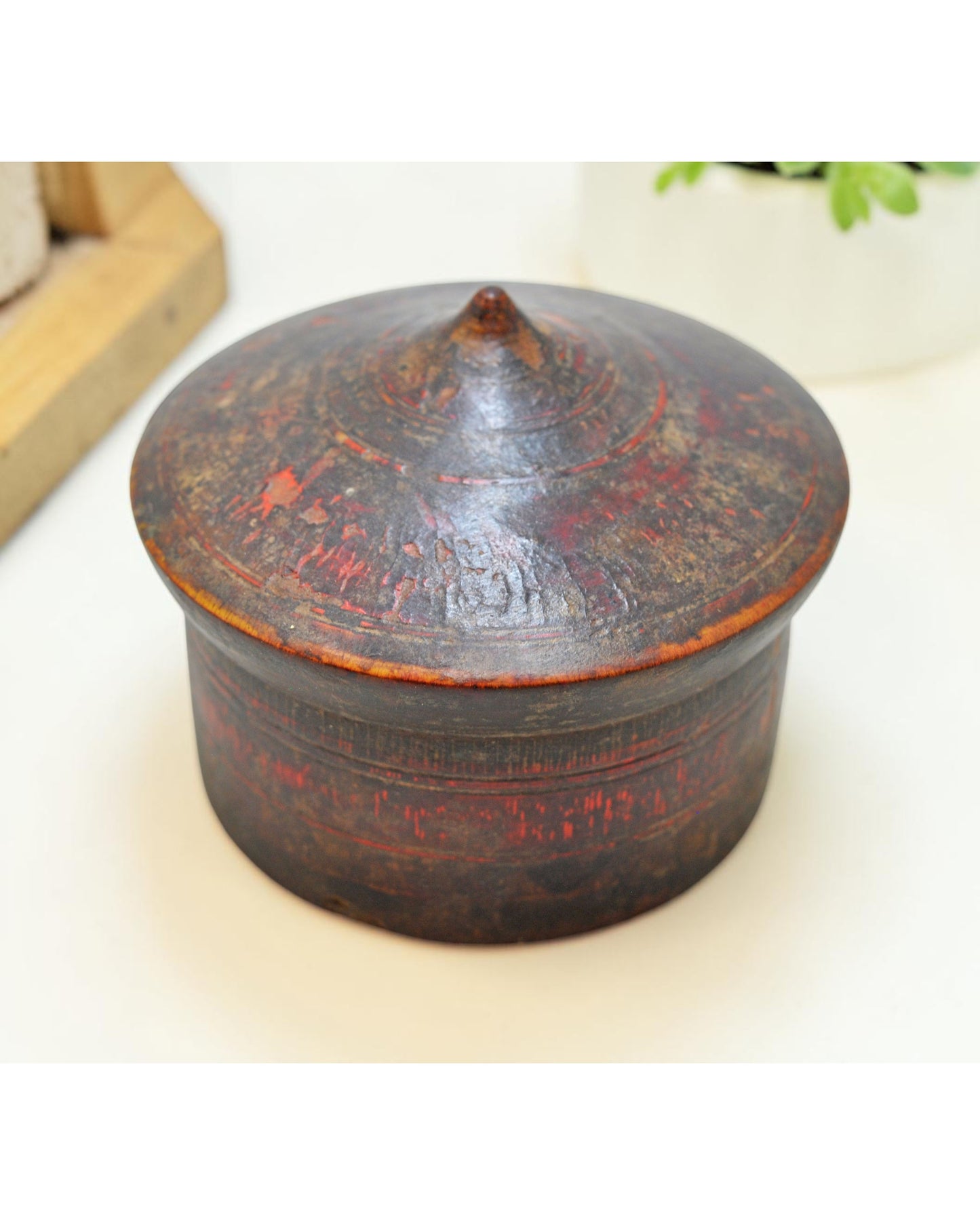 Antique Wooden Kum Kum Powder Tika Box Original Old Carved Lacquer Painted