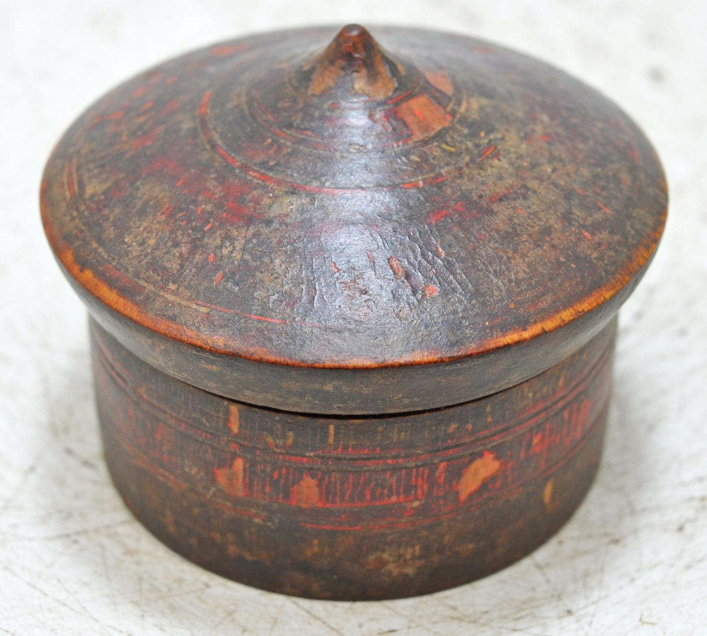 Antique Wooden Kum Kum Powder Tika Box Original Old Carved Lacquer Painted