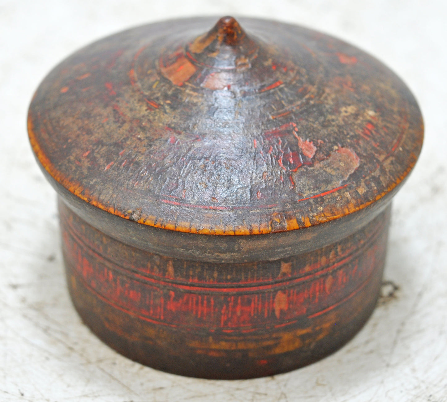 Antique Wooden Kum Kum Powder Tika Box Original Old Carved Lacquer Painted
