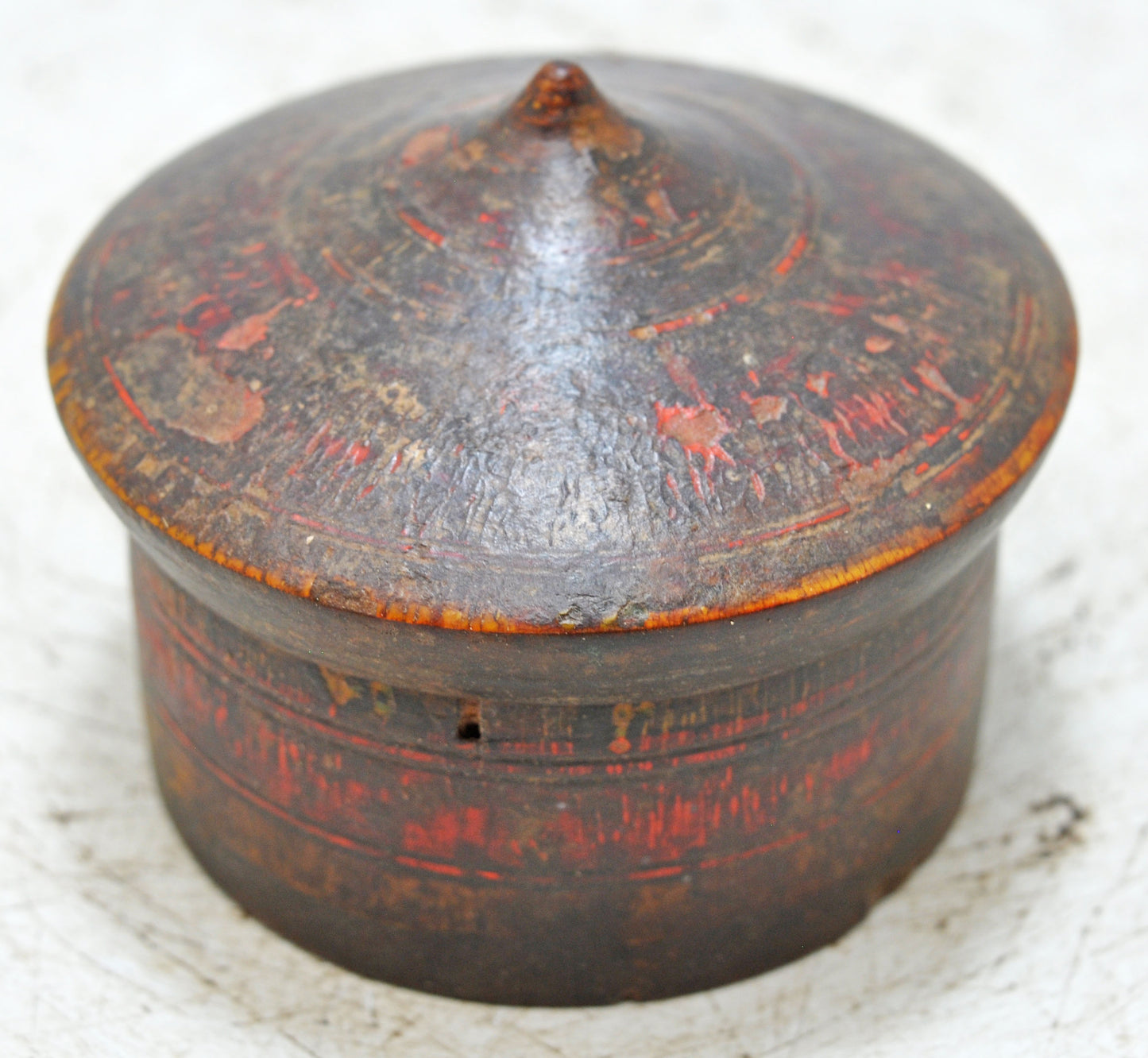 Antique Wooden Kum Kum Powder Tika Box Original Old Carved Lacquer Painted