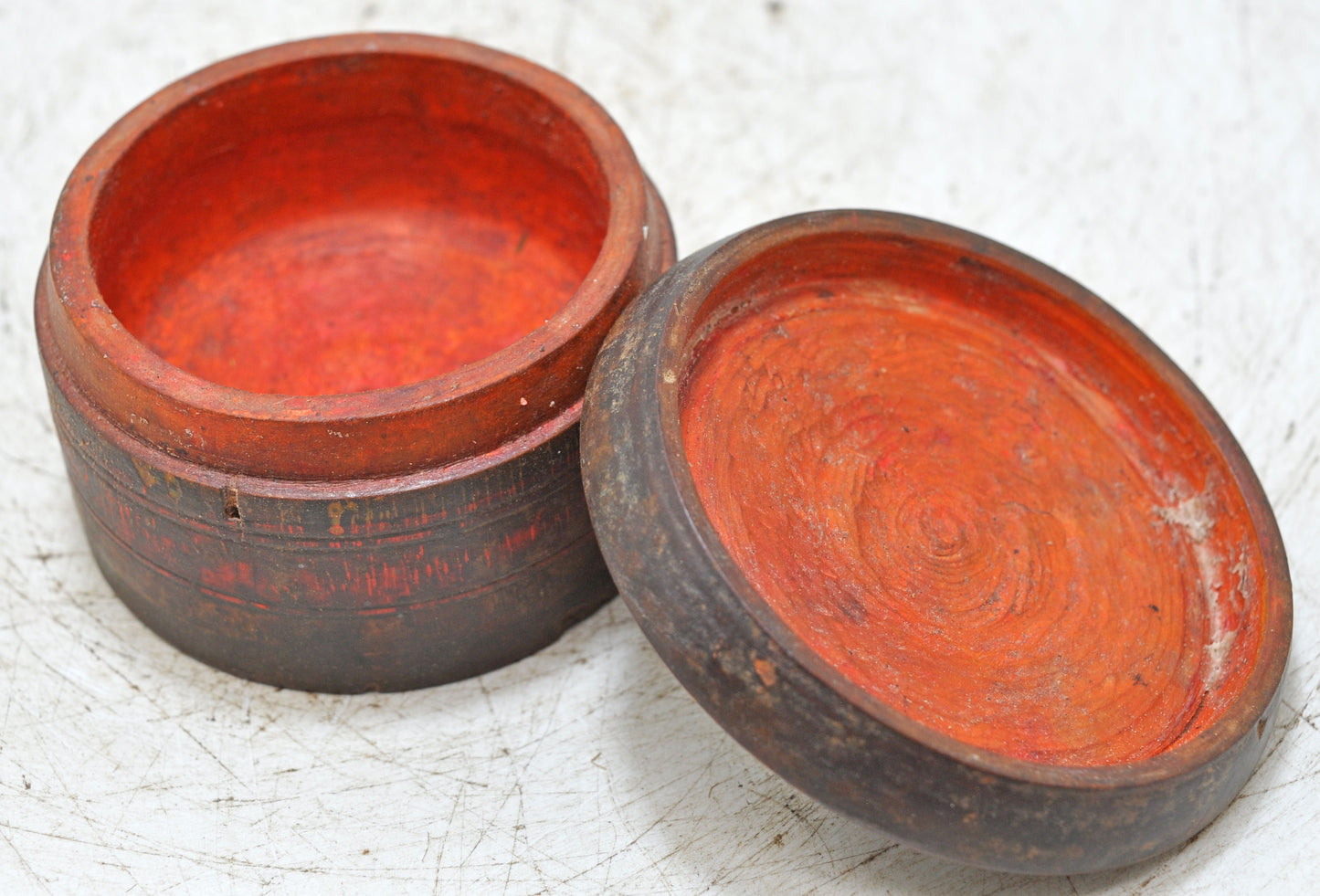 Antique Wooden Kum Kum Powder Tika Box Original Old Carved Lacquer Painted