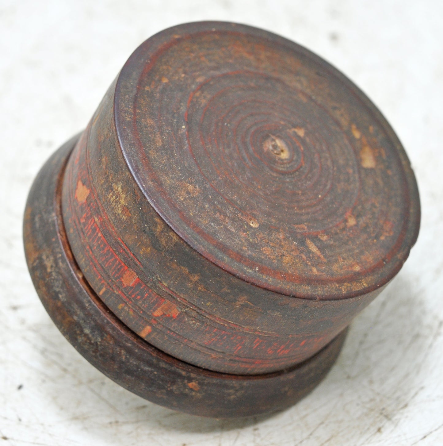 Antique Wooden Kum Kum Powder Tika Box Original Old Carved Lacquer Painted