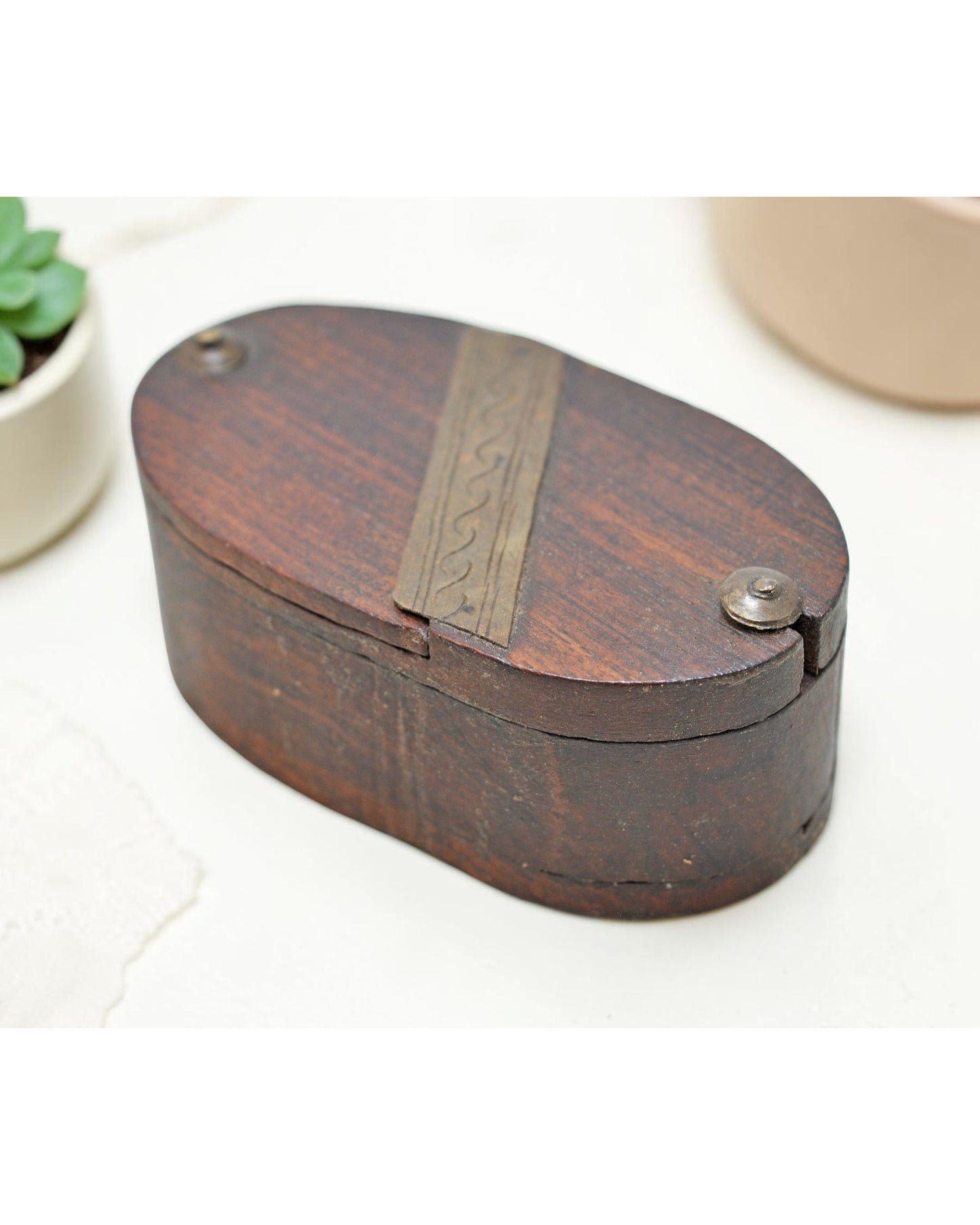 Antique Wooden Small Oval Box Original Old Hand Crafted