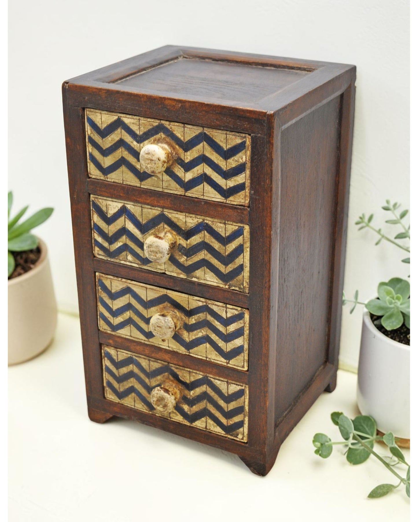 Vintage Wooden 4 Drawers Storage Box Original Old Hand Crafted