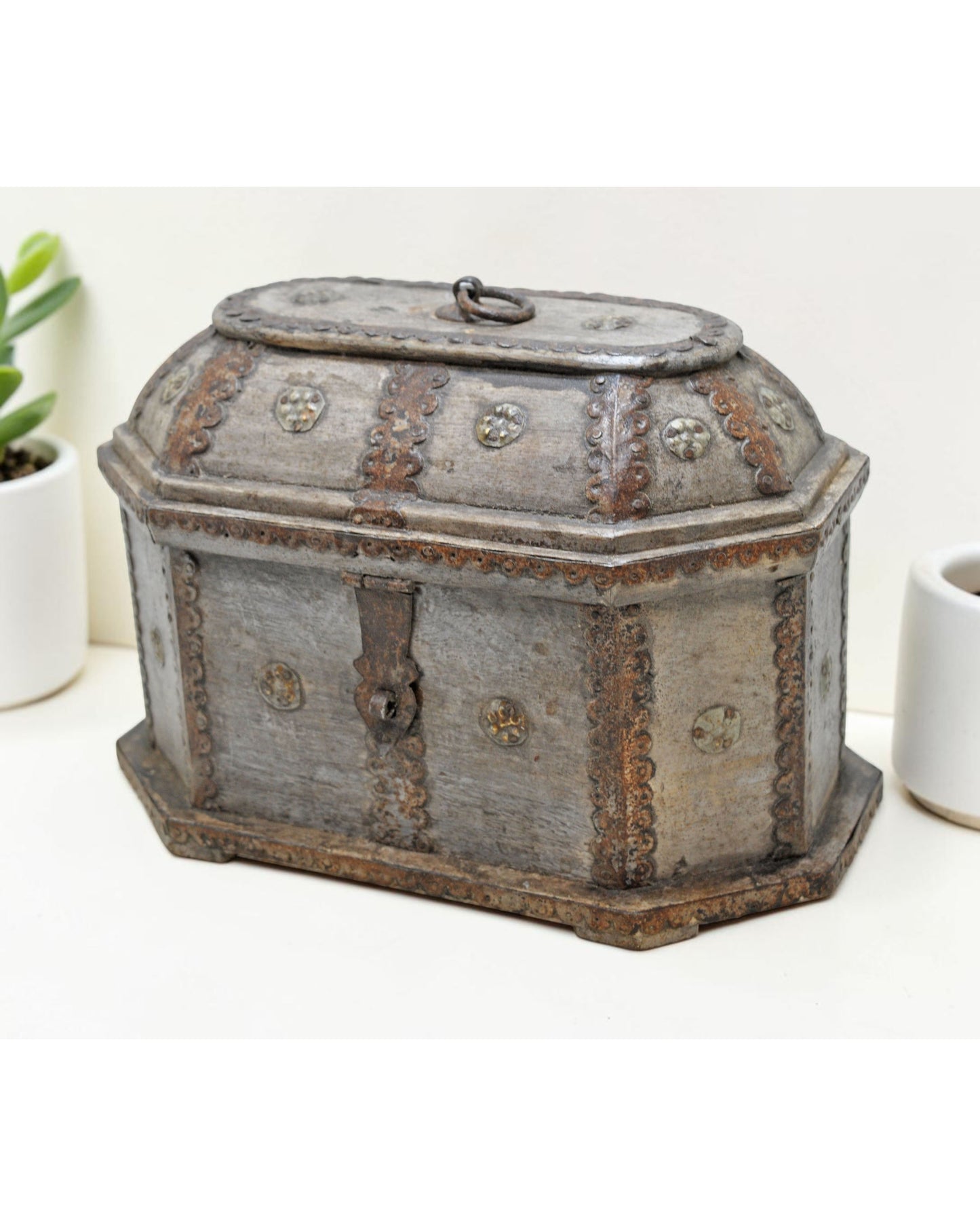 Vintage Wooden Dome Shaped Storage Box Original Old Hand Crafted Metal Fitted