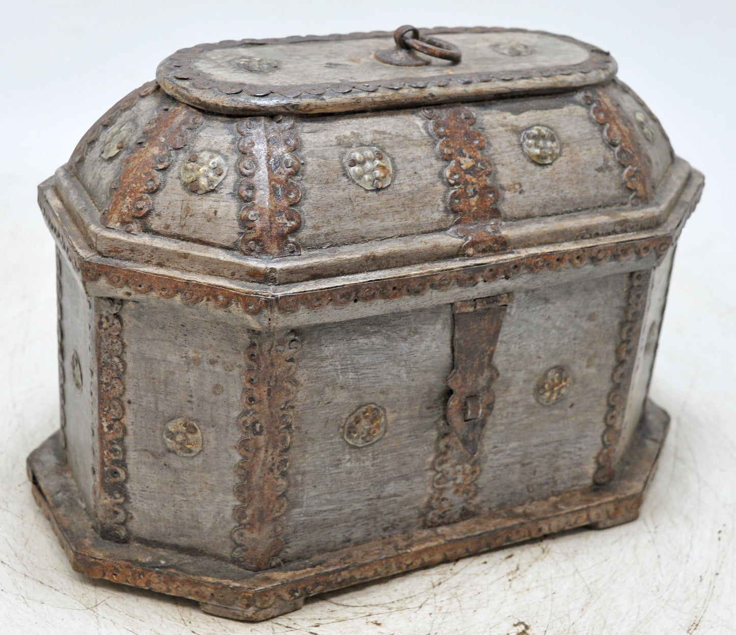 Vintage Wooden Dome Shaped Storage Box Original Old Hand Crafted Metal Fitted