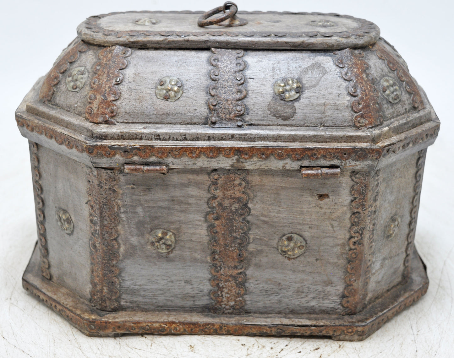 Vintage Wooden Dome Shaped Storage Box Original Old Hand Crafted Metal Fitted