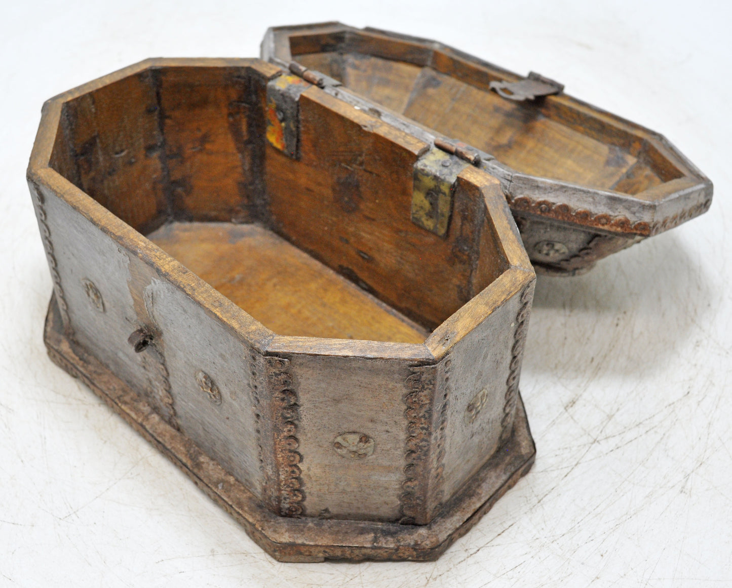 Vintage Wooden Dome Shaped Storage Box Original Old Hand Crafted Metal Fitted