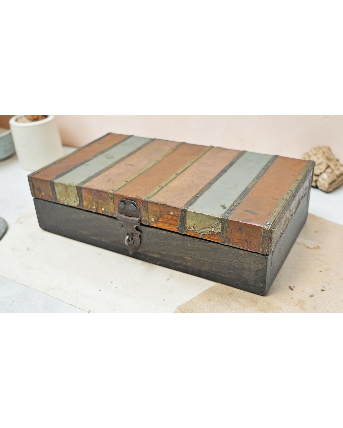 Vintage Wooden Storage Box Original Old Hand Crafted Brass Metal Fitted