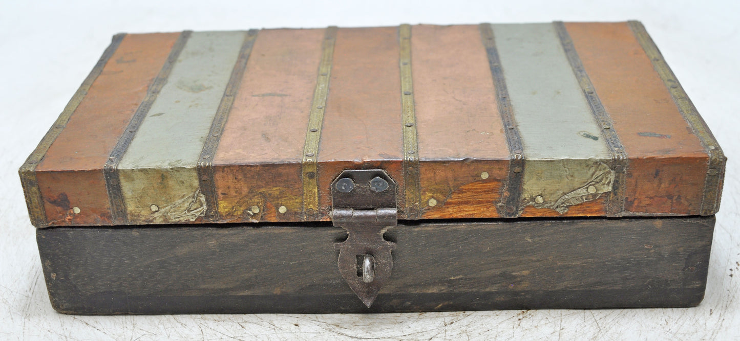 Vintage Wooden Storage Box Original Old Hand Crafted Brass Metal Fitted