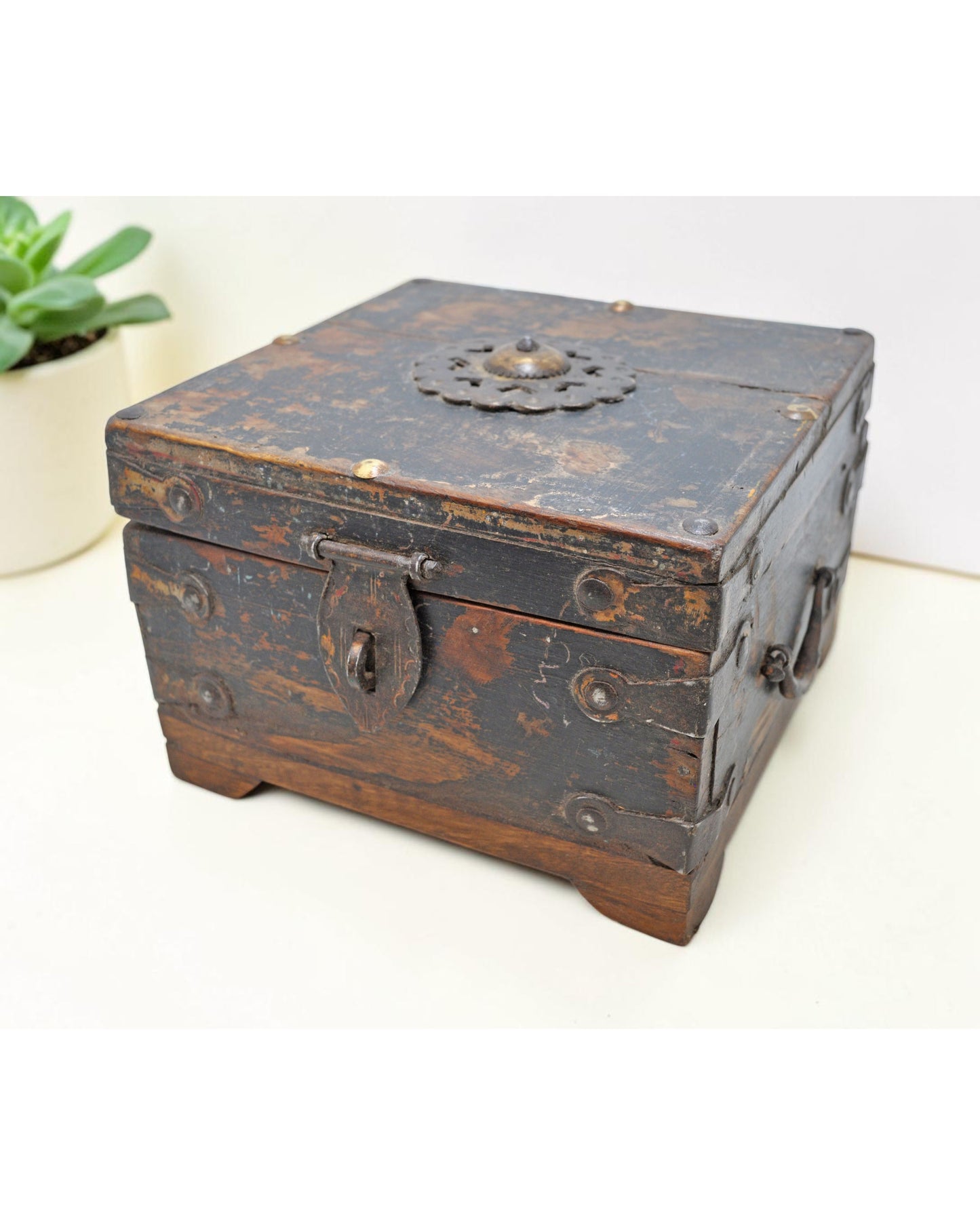 Vintage Wooden Square Storage Box Original Old Hand Crafted Rustic Painted
