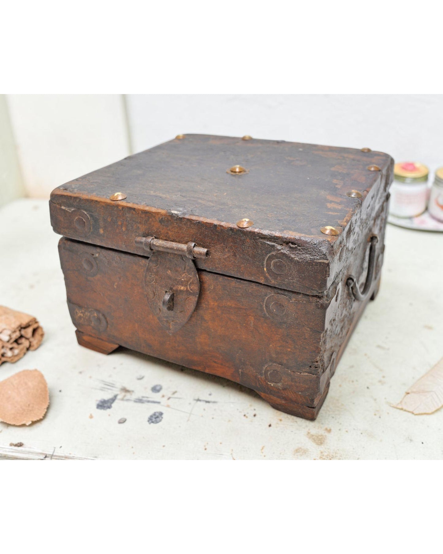 Vintage Wooden Square Storage Box Original Old Hand Crafted Metal Fitted