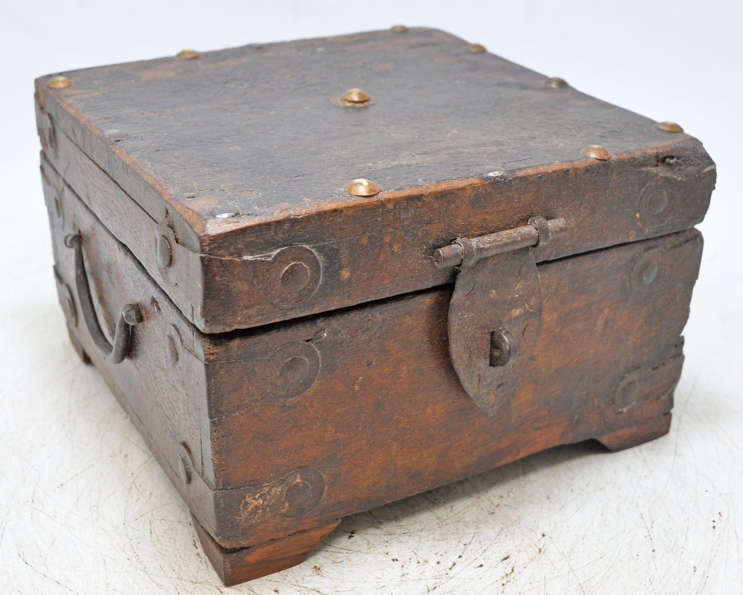 Vintage Wooden Square Storage Box Original Old Hand Crafted Metal Fitted