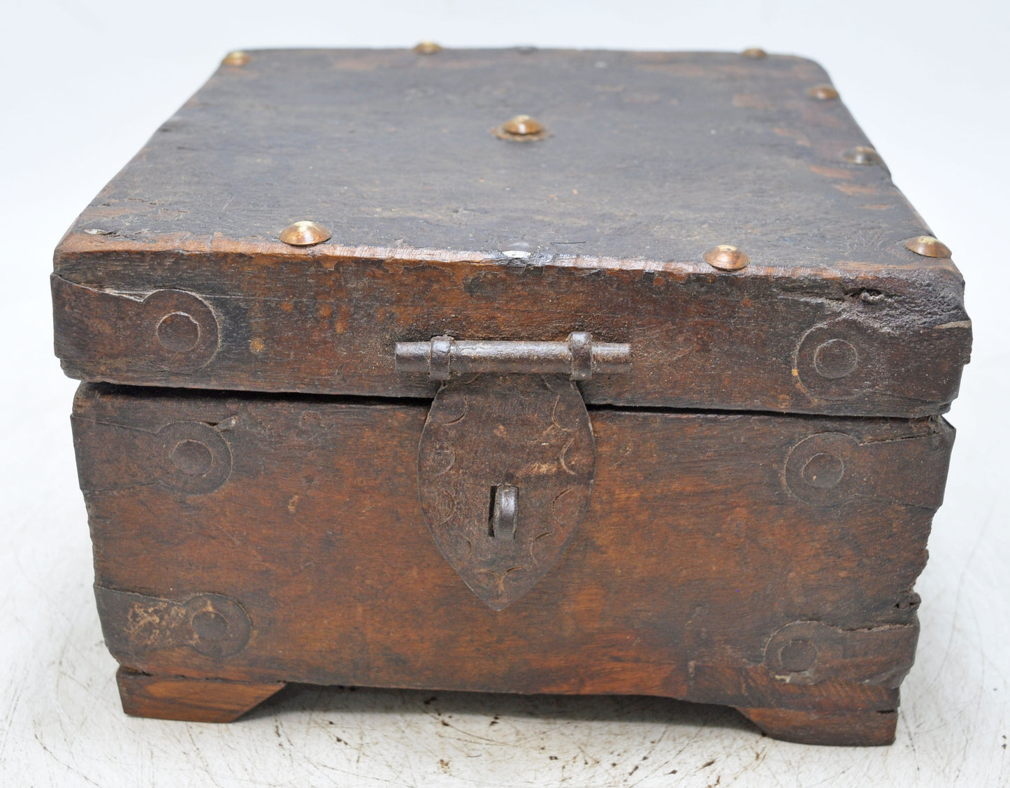 Vintage Wooden Square Storage Box Original Old Hand Crafted Metal Fitted