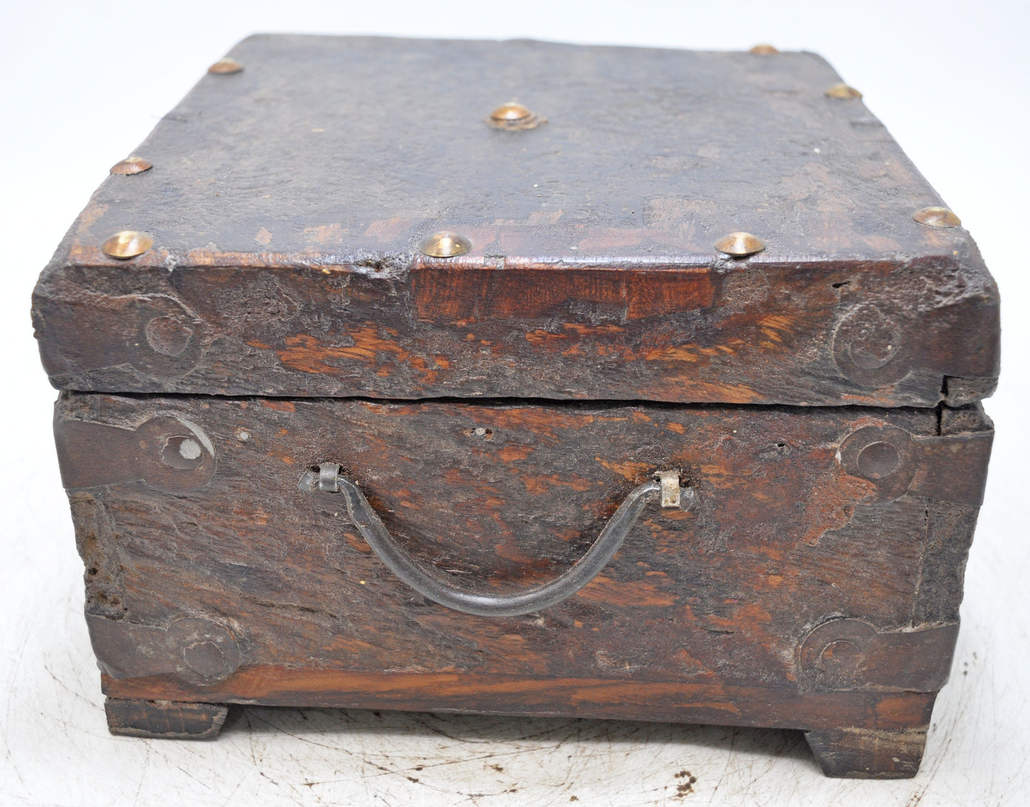 Vintage Wooden Square Storage Box Original Old Hand Crafted Metal Fitted