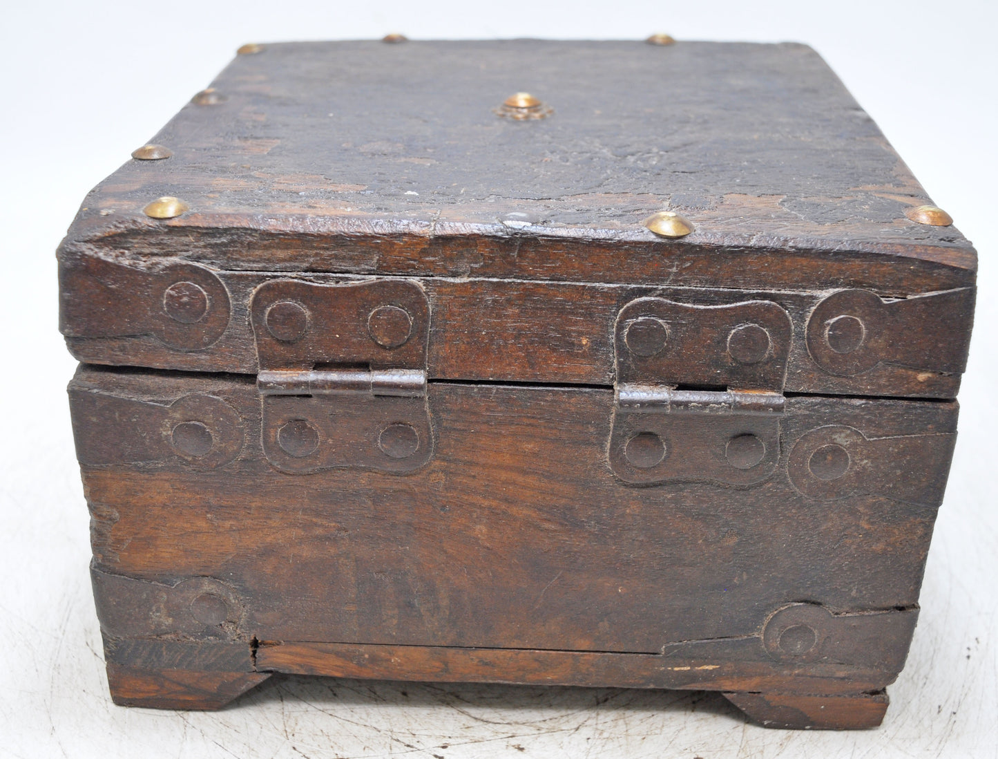 Vintage Wooden Square Storage Box Original Old Hand Crafted Metal Fitted