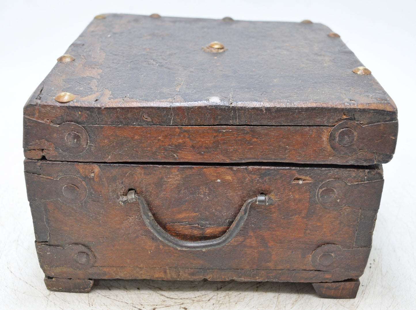 Vintage Wooden Square Storage Box Original Old Hand Crafted Metal Fitted