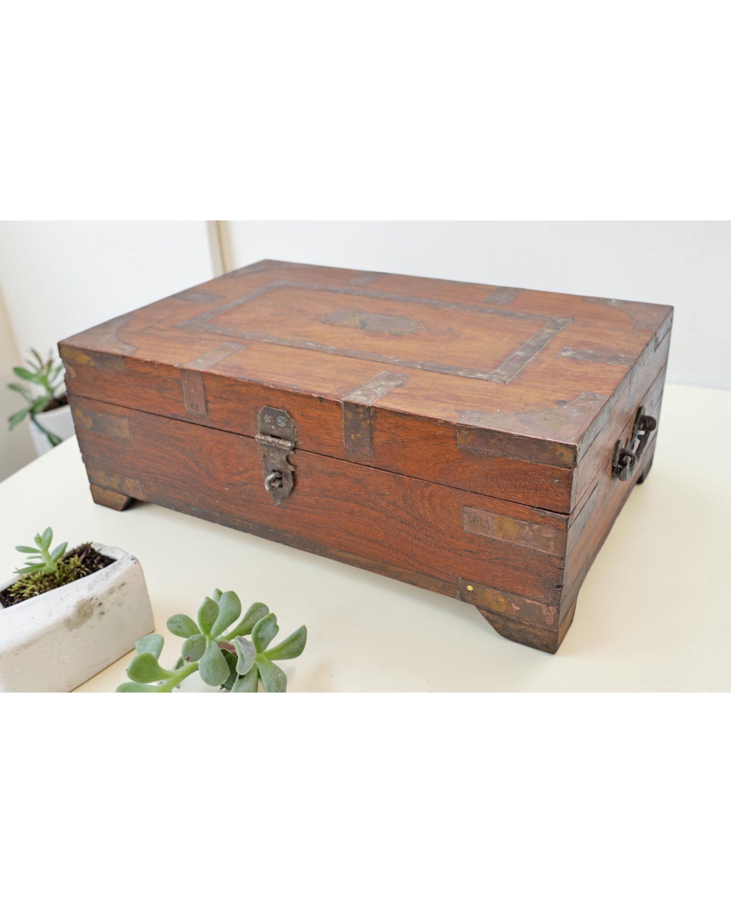 Vintage Wooden Storage Chest Box Original Old Hand Crafted Brass Fitted