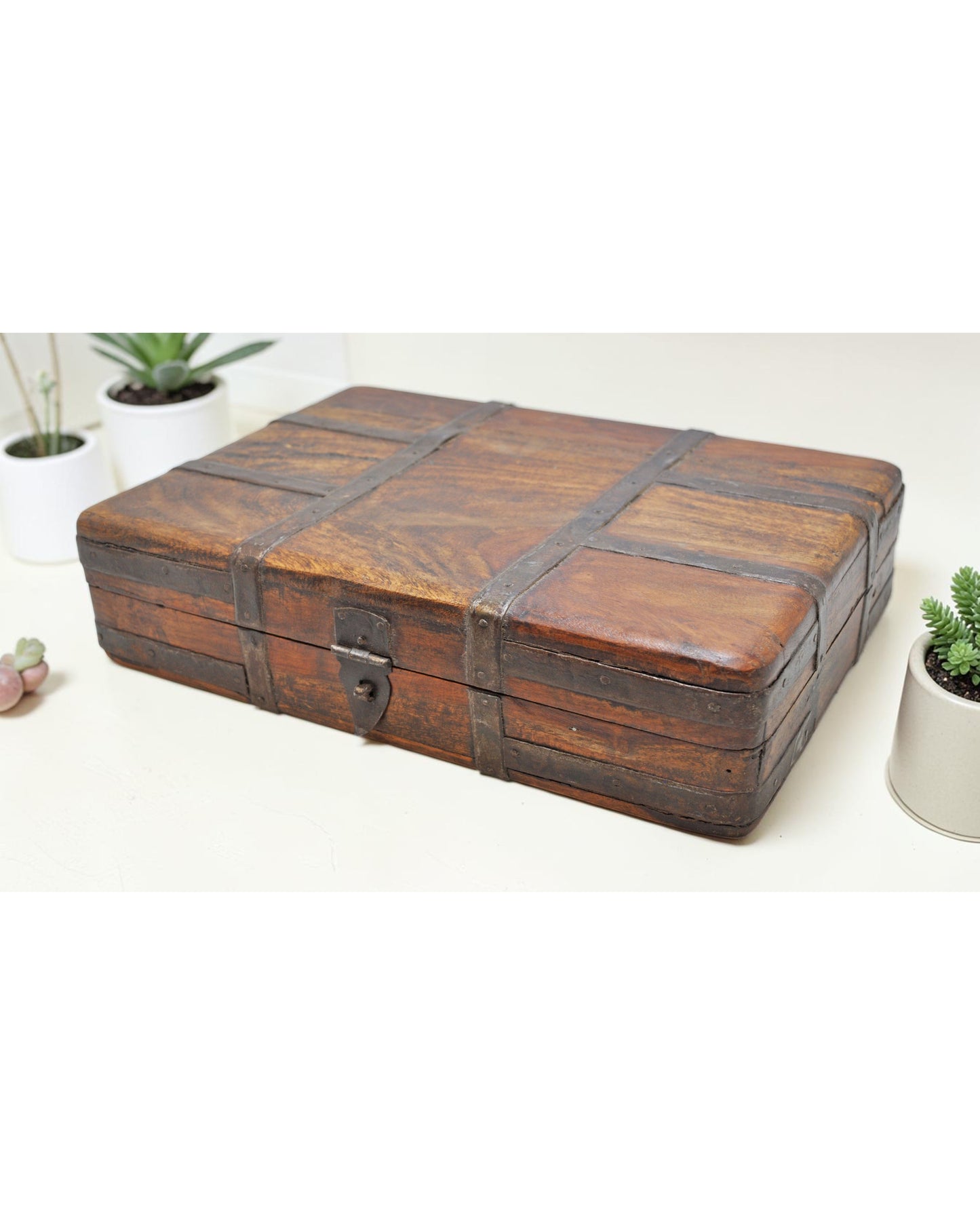 Vintage Wooden Large Briefcase Box Original Old Hand Crafted Metal Fitted