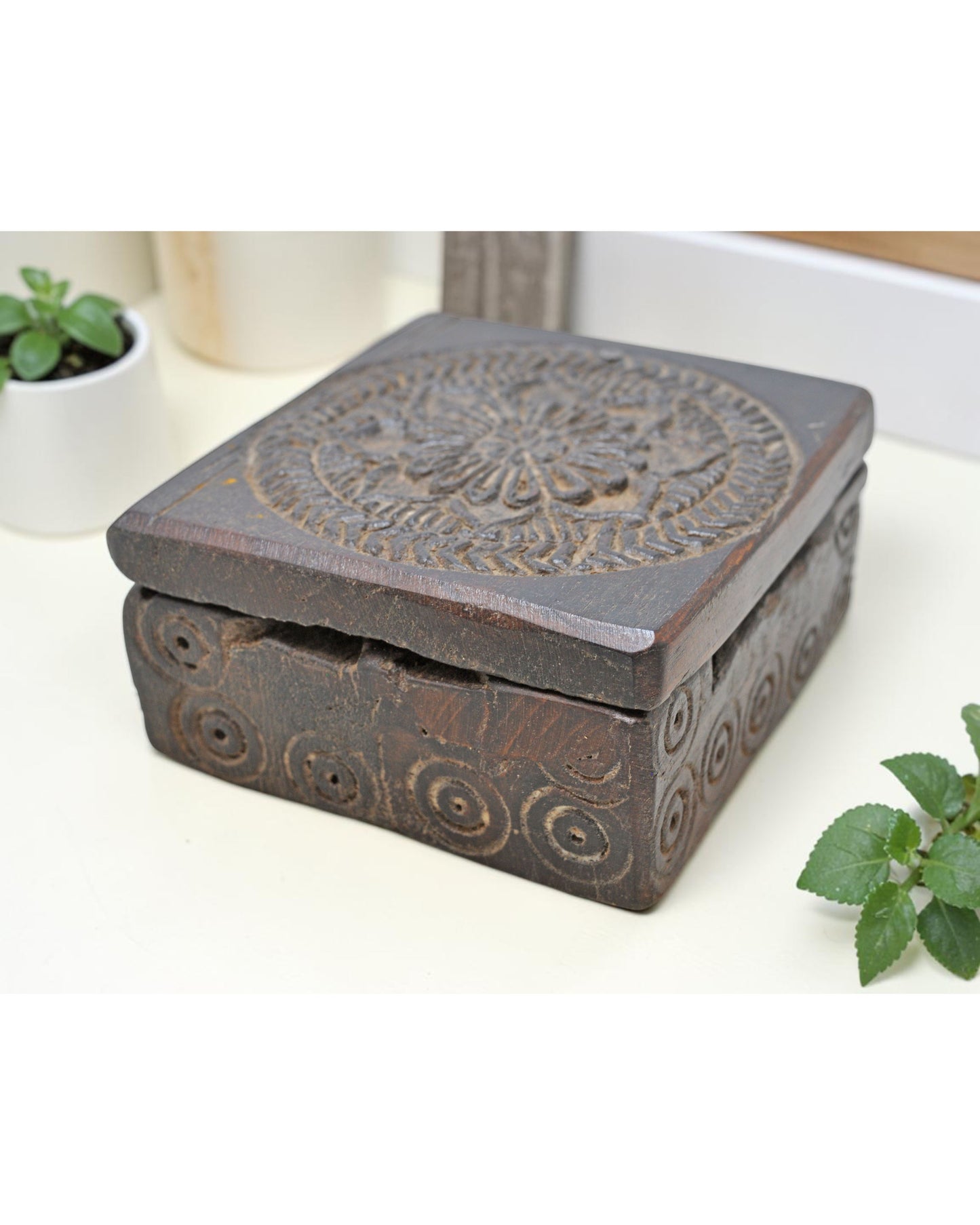 Antique Wooden Kitchenware Spice Box Original Old Hand Carved