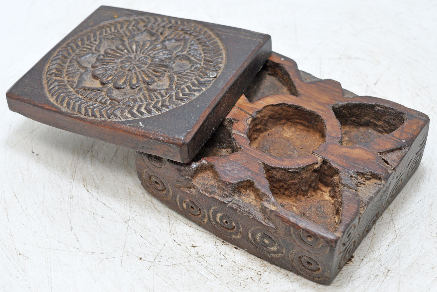 Antique Wooden Kitchenware Spice Box Original Old Hand Carved