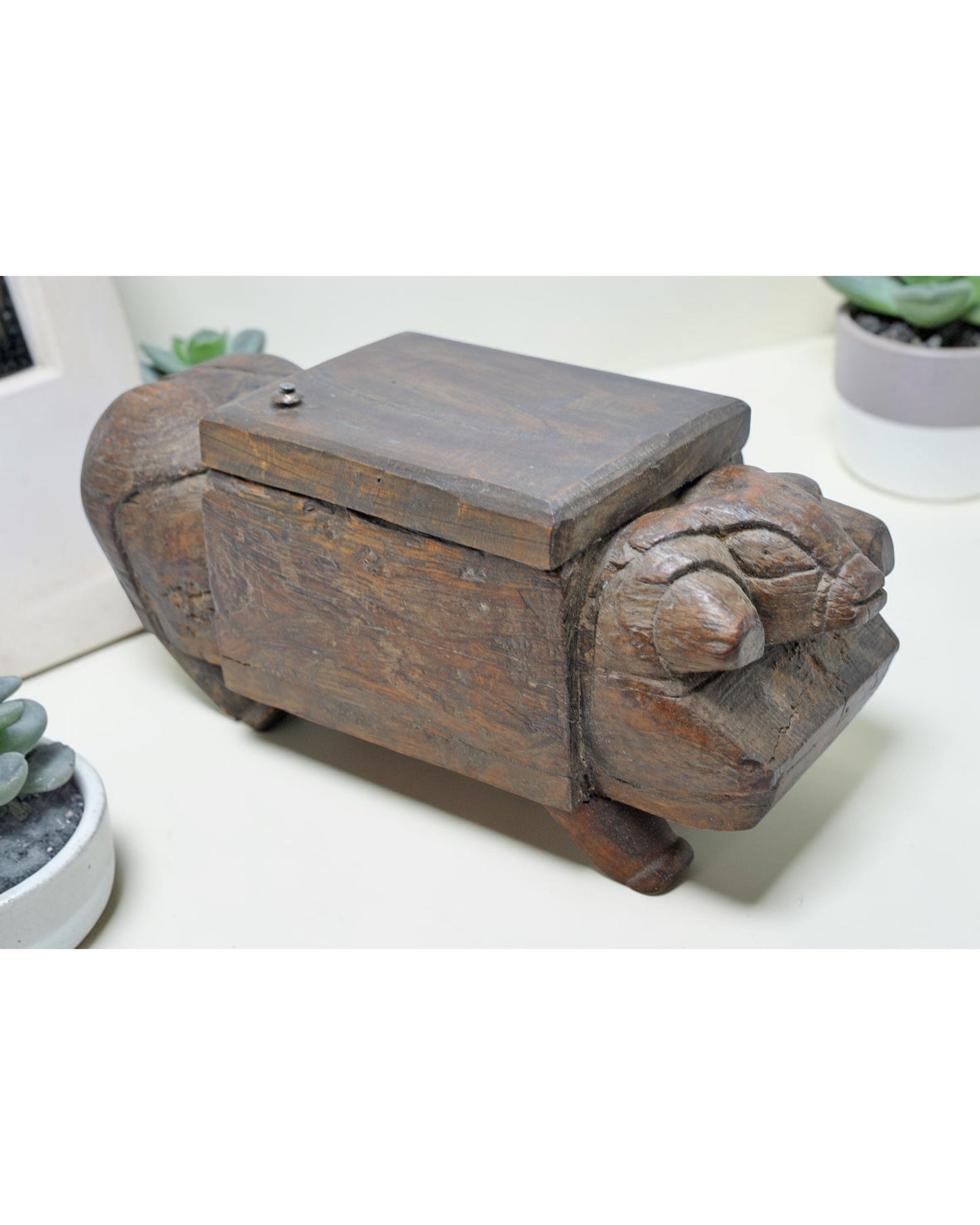 Antique Wooden Salt Spice Box Original Old Bull Shaped Original Old Fine Hand Carved
