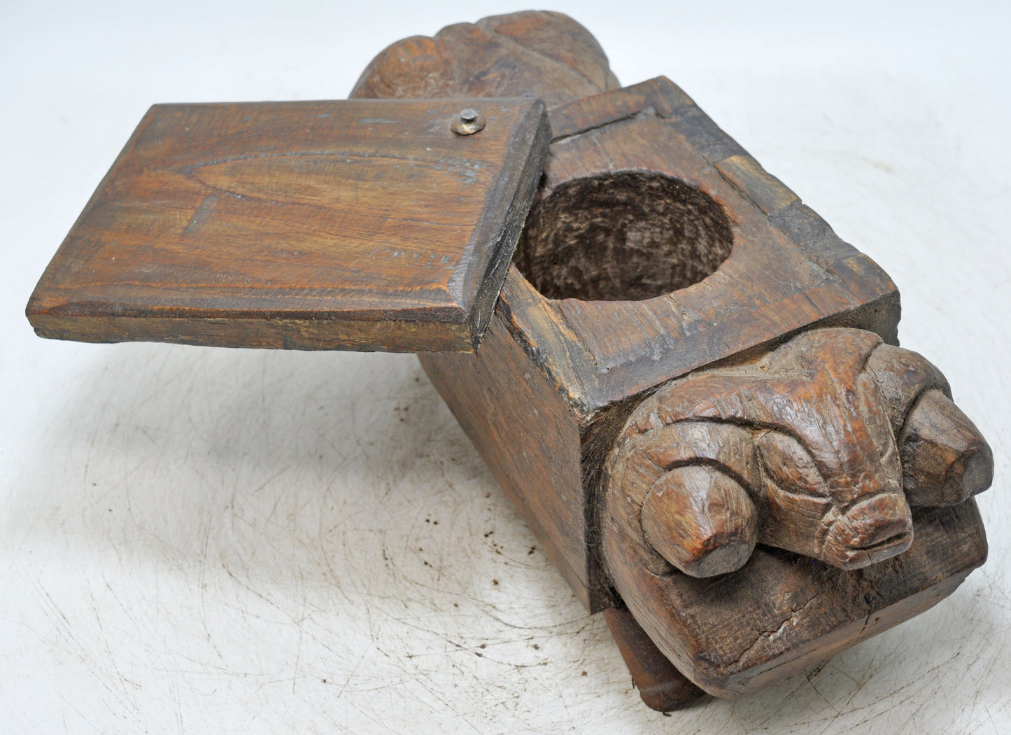 Antique Wooden Salt Spice Box Original Old Bull Shaped Original Old Fine Hand Carved