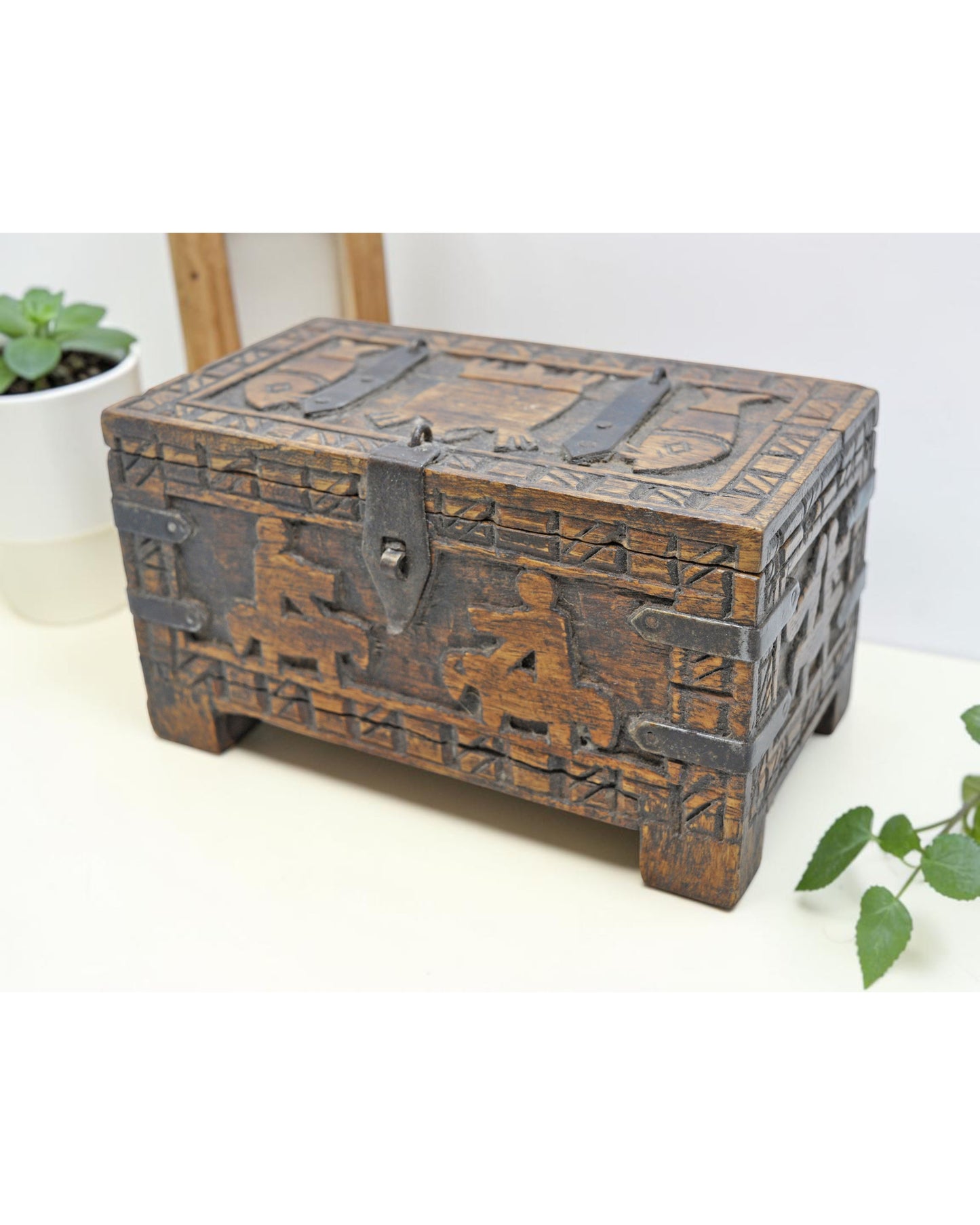Vintage Wooden Storage Box Original Old Hand Crafted Carved
