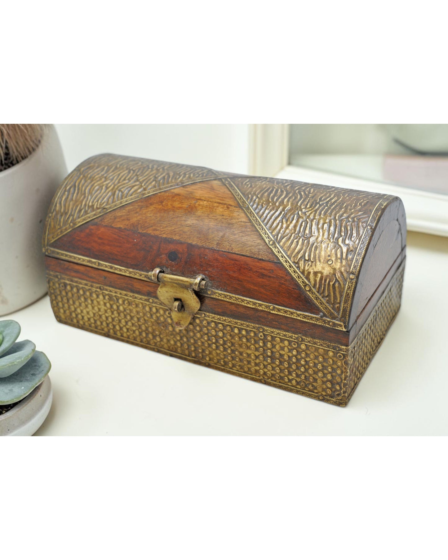 Vintage Wooden Storage Box Original Old Hand Crafted Fine Brass Fitted