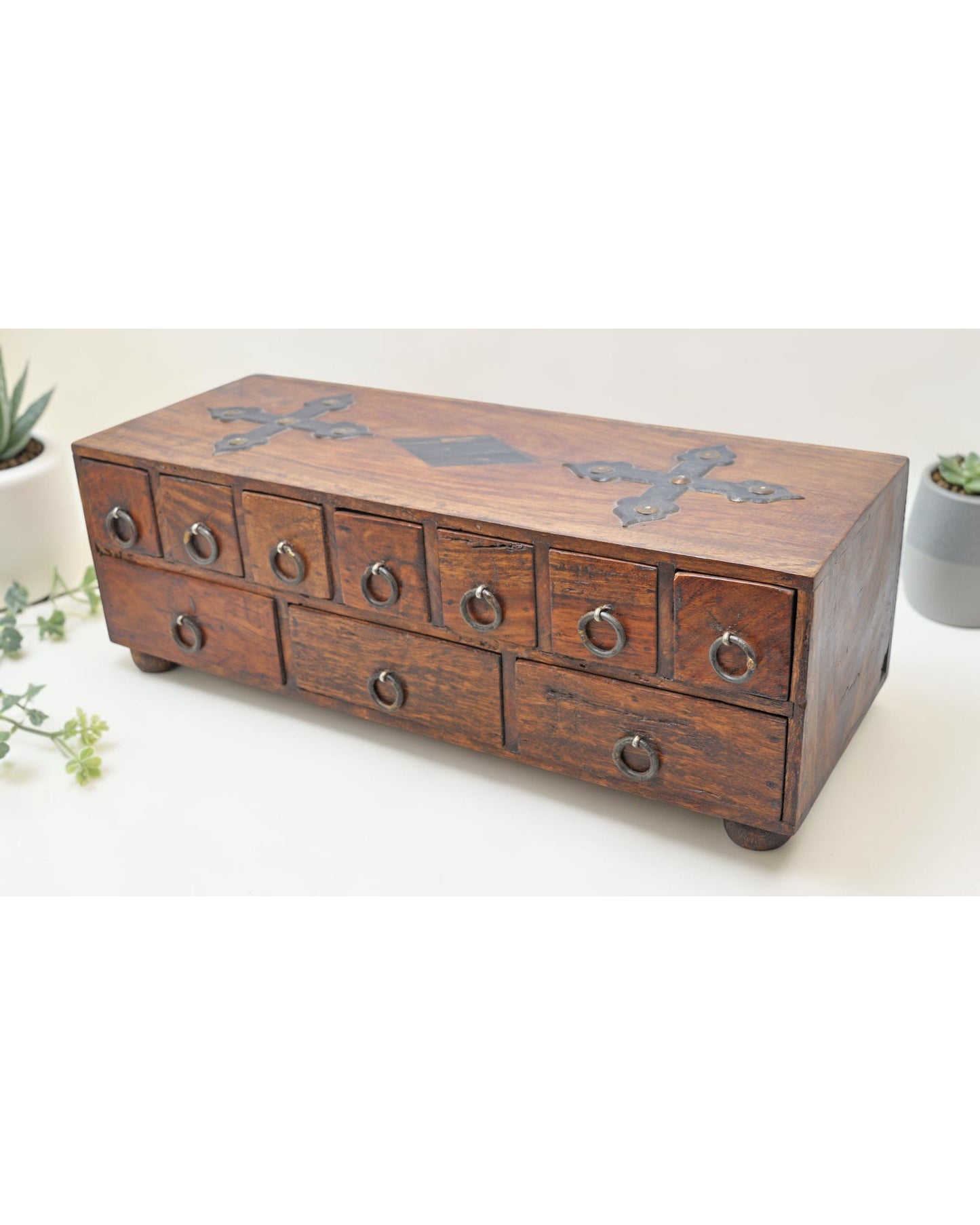 Vintage Wooden 10 Drawers Jewelery Storage Box Original Old Hand Crafted